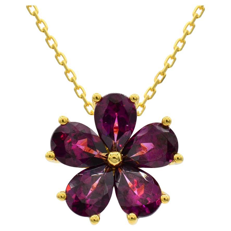 4-1/6 ct. 14K Yellow Gold over Sterling Silver Garnet Floral Pendant Necklace For Sale