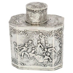 4 1/8 in - European Silver Antique German Hanau Garden Outing Scene Tea Caddy