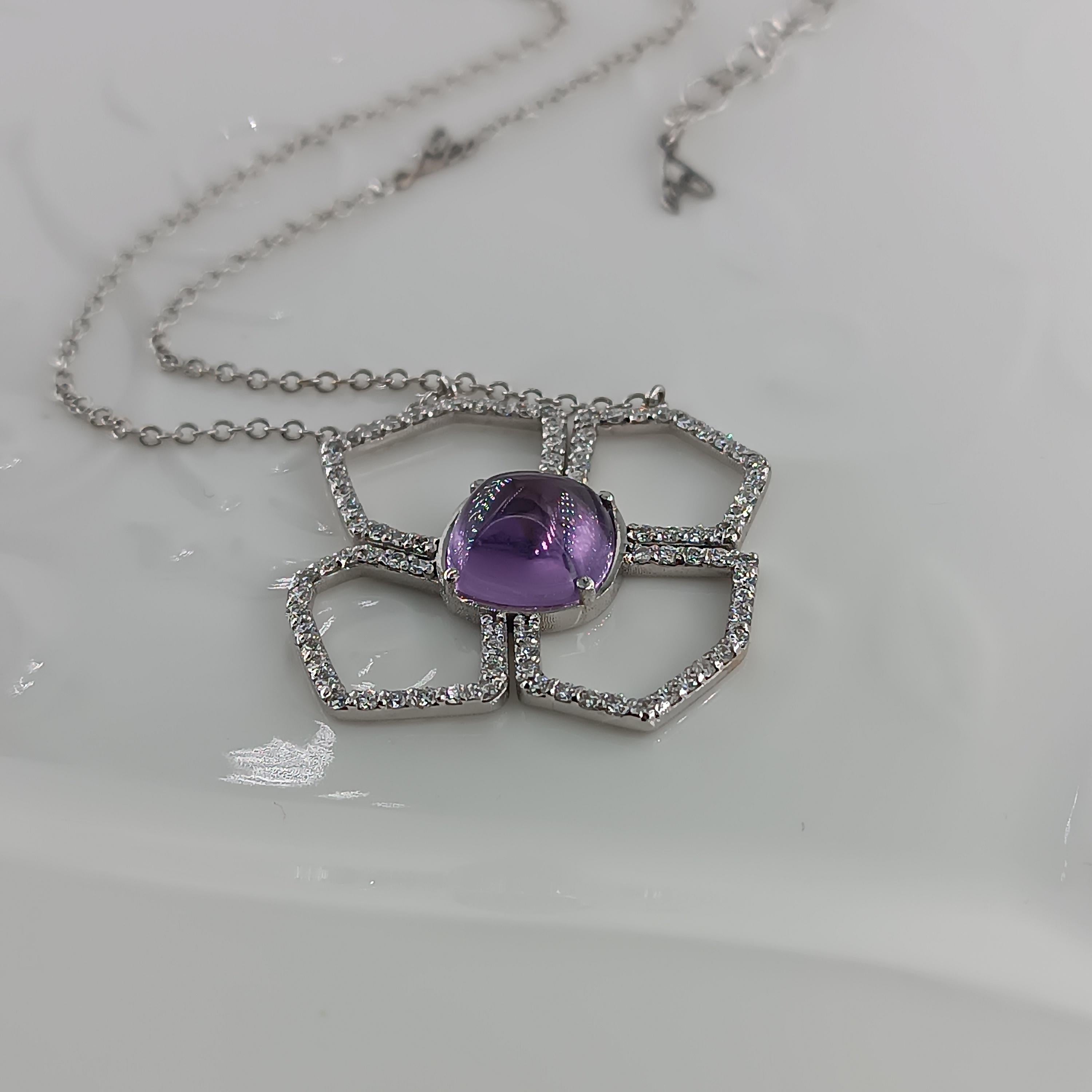 Contemporary 4, 1 Carat Amethyst 0, 86 Carats VS G Color Diamonds White Gold Necklace For Sale