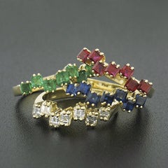 '4' 18k Gold Square Step Diamond Ruby Sapphire & Emerald Puzzle Stack Band Rings
