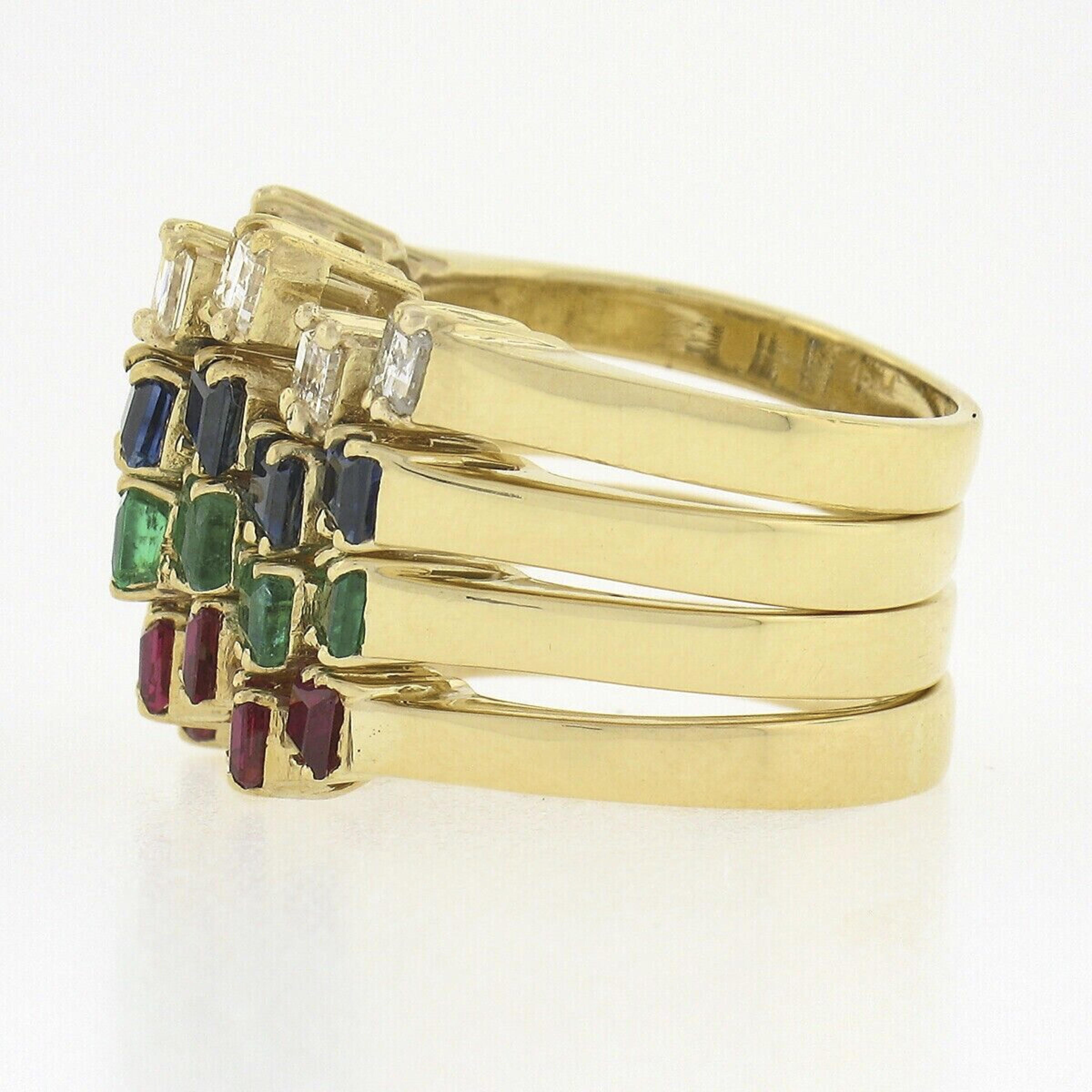 Square Cut '4' 18k Gold Square Step Diamond Ruby Sapphire & Emerald Puzzle Stack Band Rings