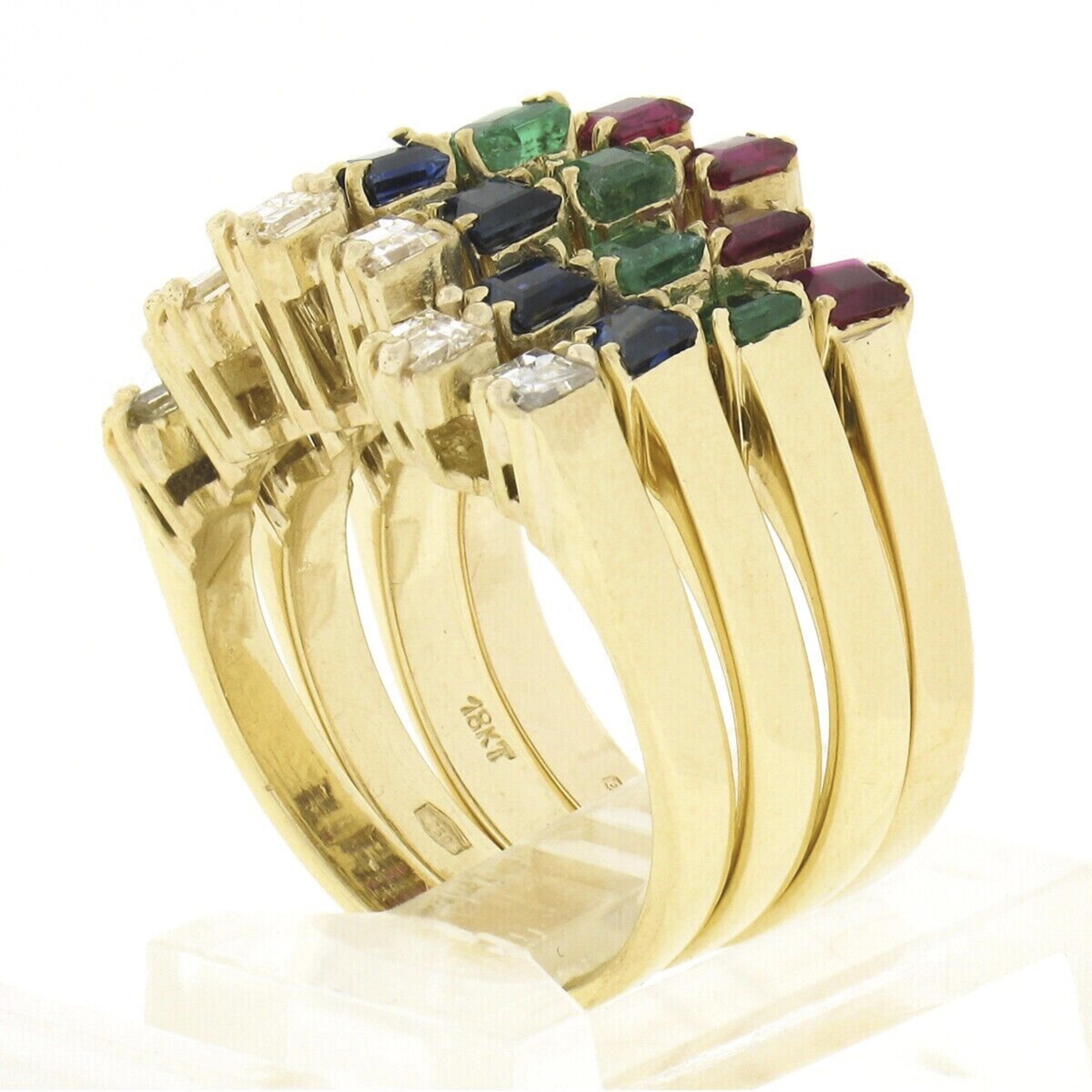 '4' 18k Gold Square Step Diamond Ruby Sapphire & Emerald Puzzle Stack Band Rings 1