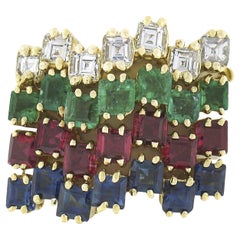 '4' 18k Gold Square Step Diamond Ruby Sapphire & Emerald Puzzle Stack Band Rings