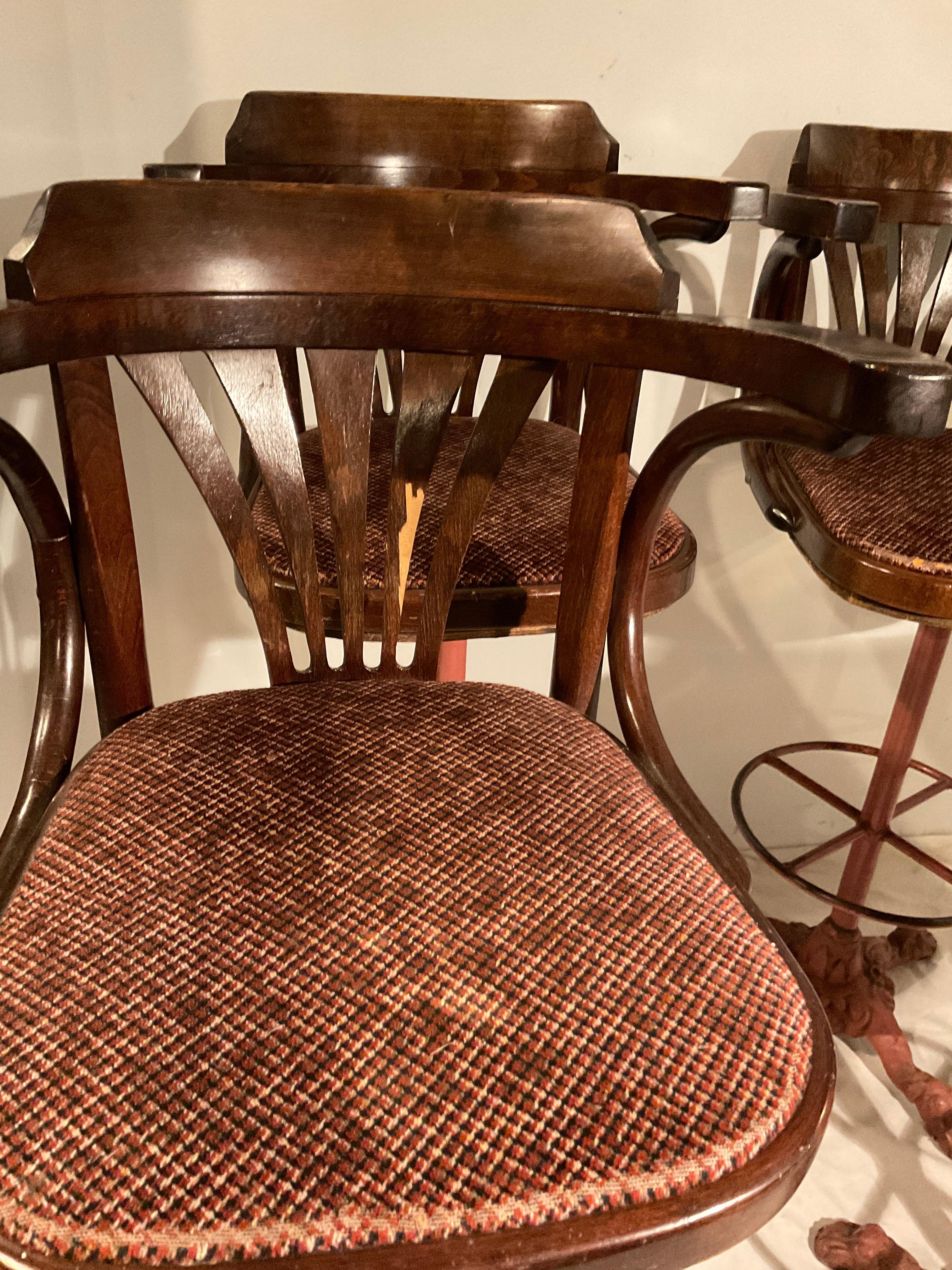 4 1920s  Wood Swivel Chairs On Cast Iron Bases In Good Condition For Sale In Tarrytown, NY