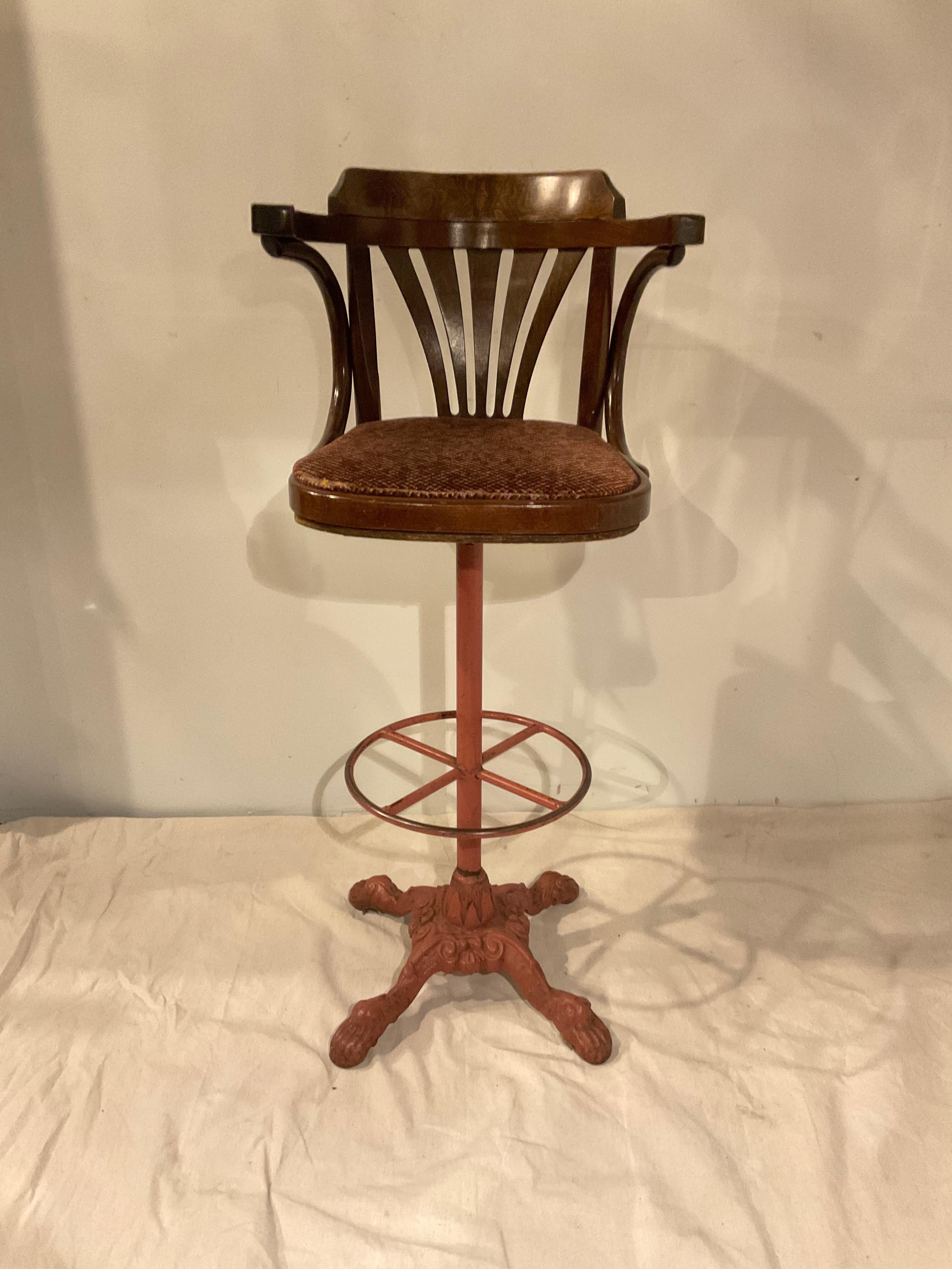 Early 20th Century 4 1920s  Wood Swivel Chairs On Cast Iron Bases For Sale