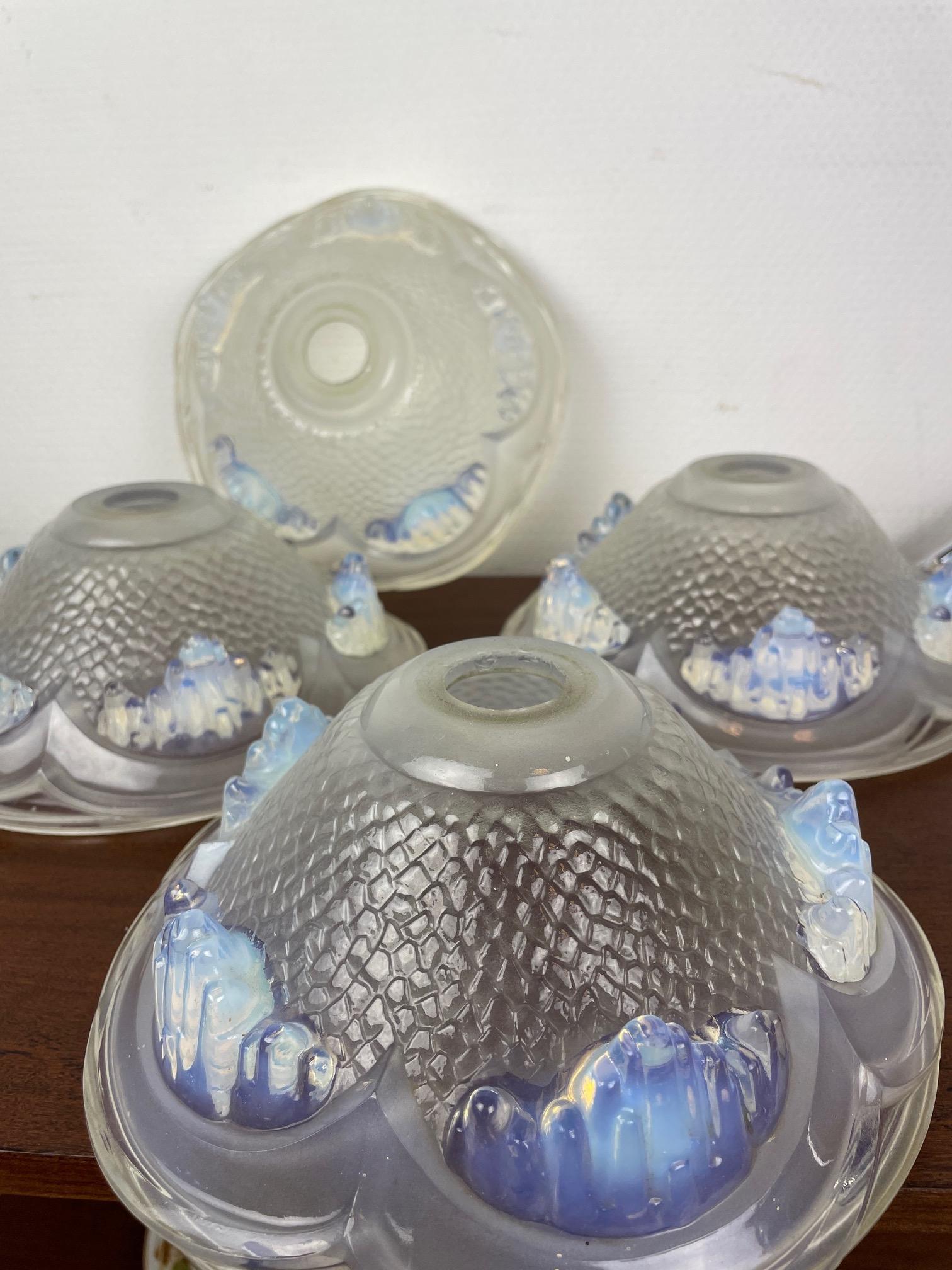 4 1930's French Ezan Opalescent Glass shades. 4 Unique lamp shades. Glass scones For Sale 4