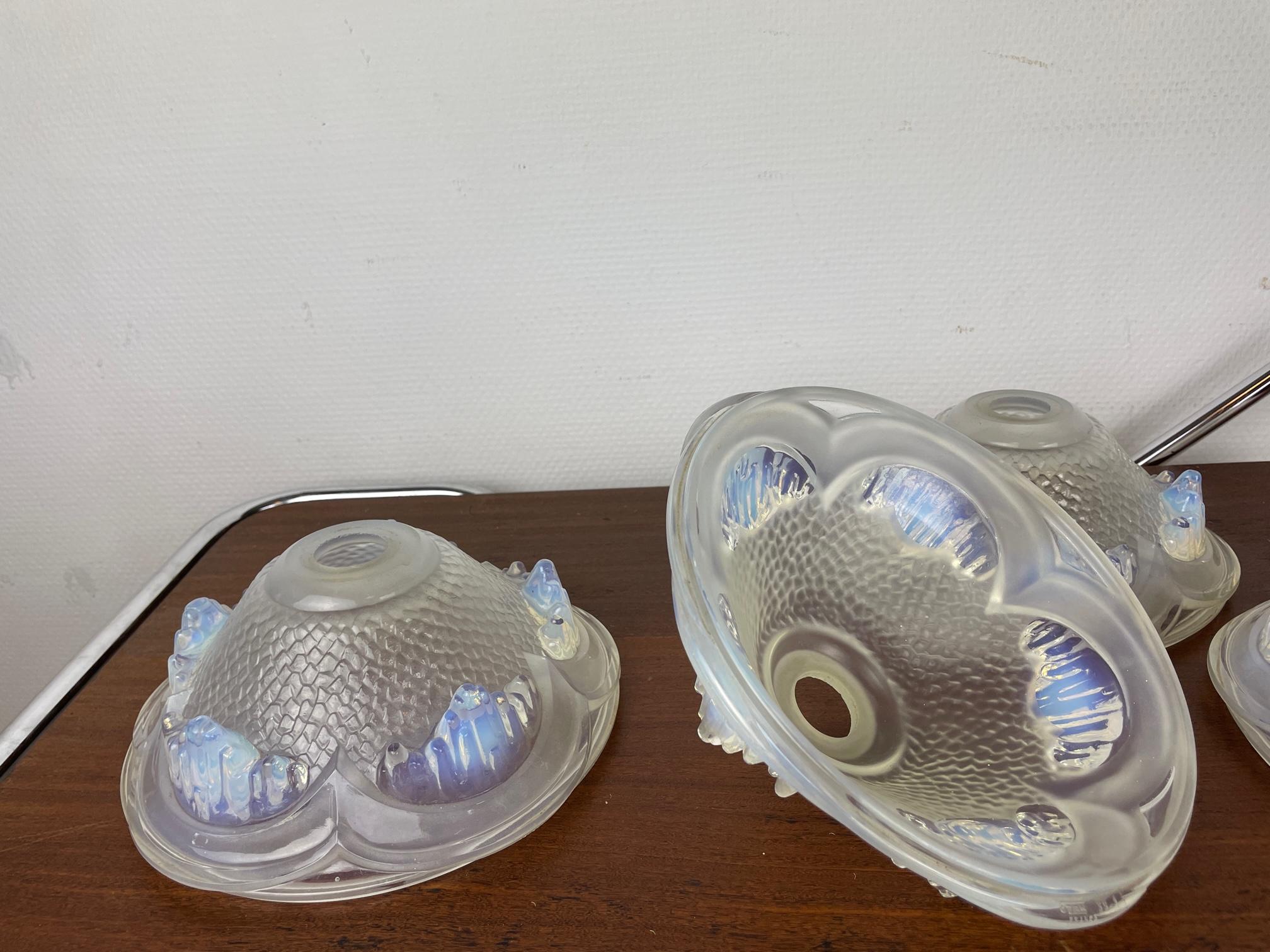 Art Glass 4 1930's French Ezan Opalescent Glass shades. 4 Unique lamp shades. Glass scones For Sale