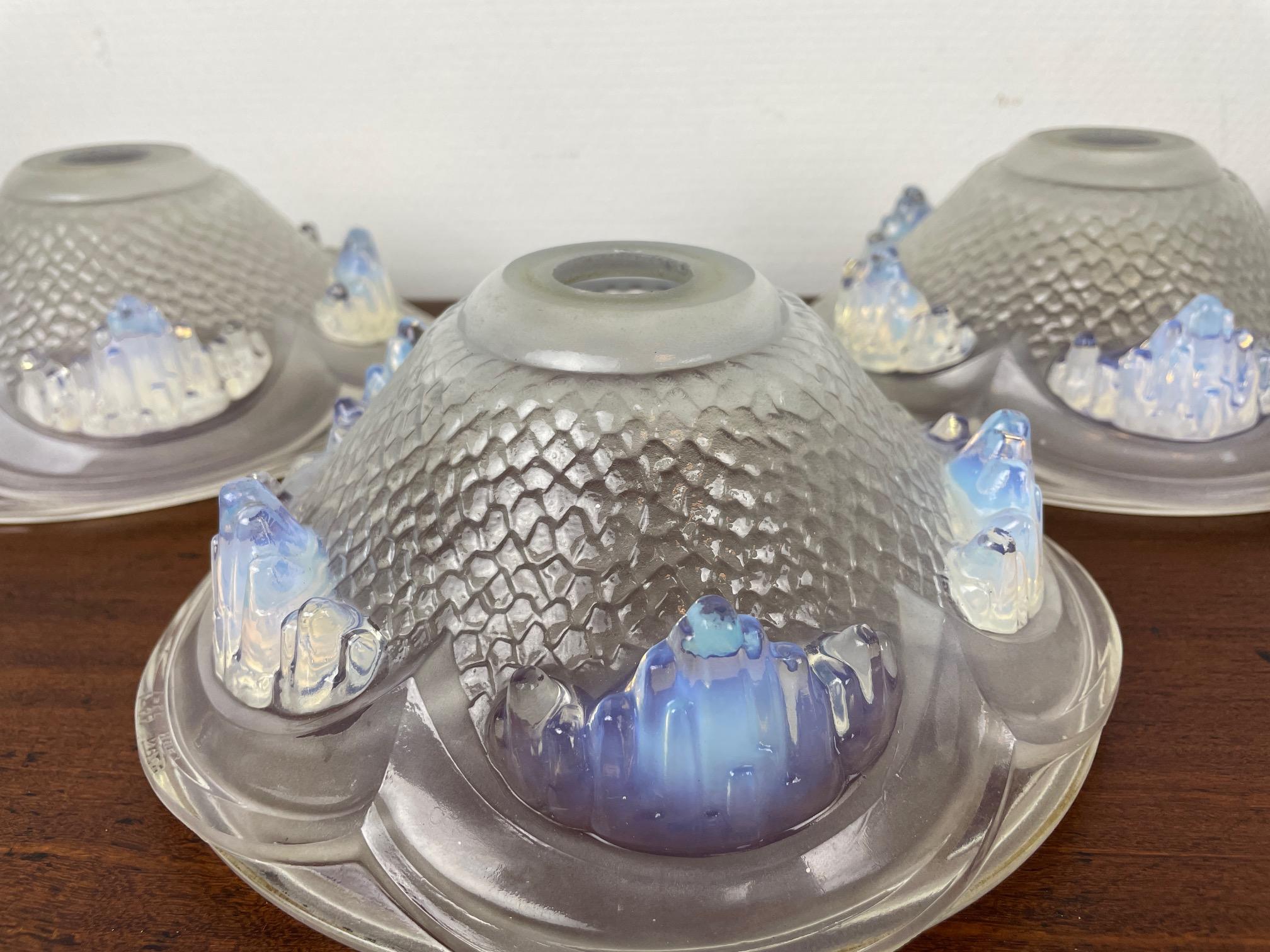4 1930's French Ezan Opalescent Glass shades. 4 Unique lamp shades. Glass scones For Sale