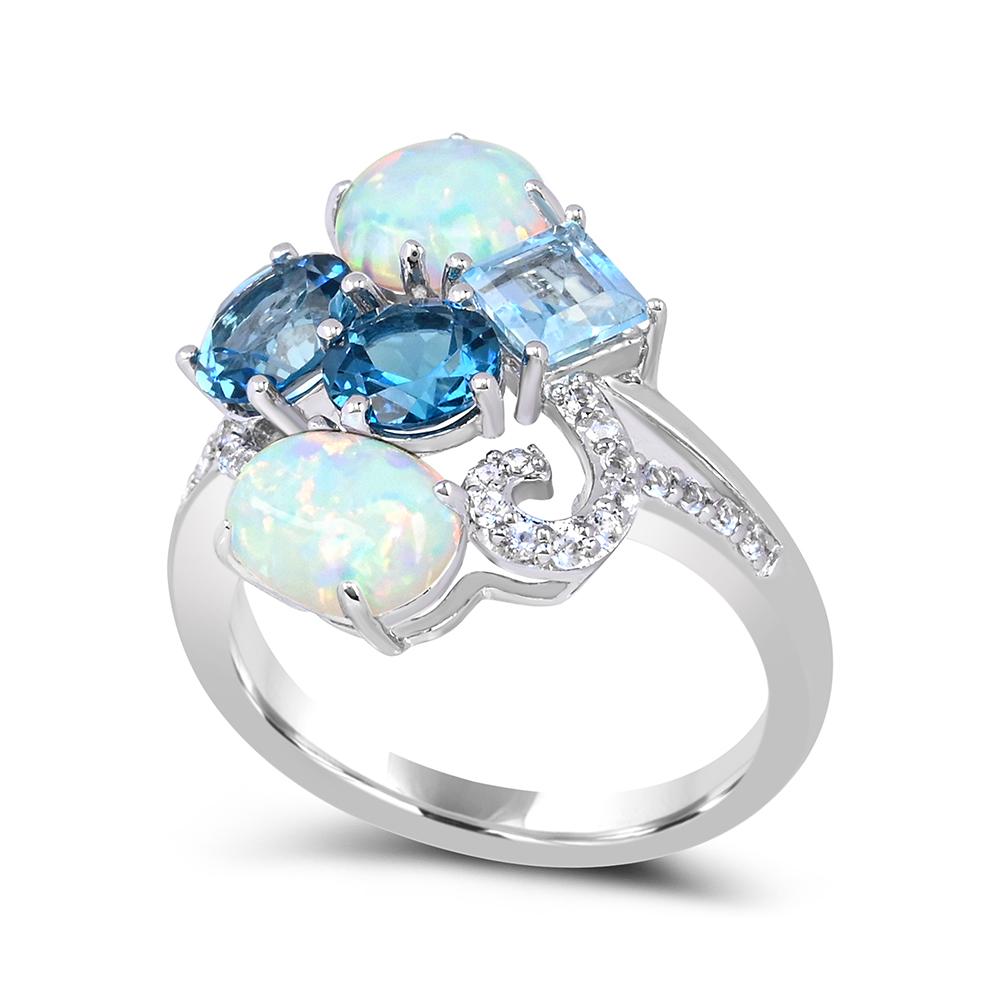Indulge in the vitality of our Opal and Blue/White Topaz Cluster Setting Sterling Silver Ring. Crafted with meticulous attention to detail, this ring boasts a stunning combination of one square sky blue topaz, two round London blue topazes and one