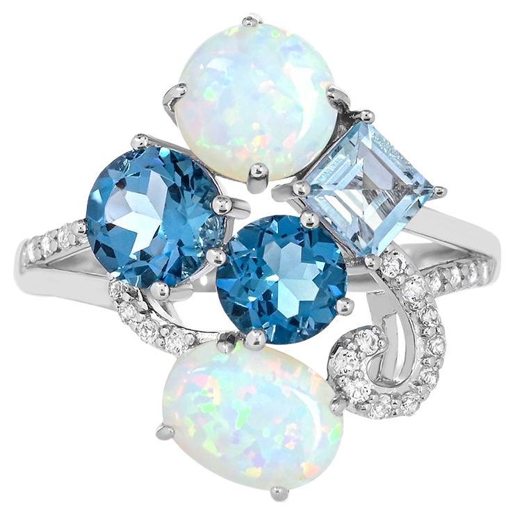 4-3/4 ct. Opal & Blauer und weißer Topas Cluster-Ring aus Sterlingsilber im Angebot