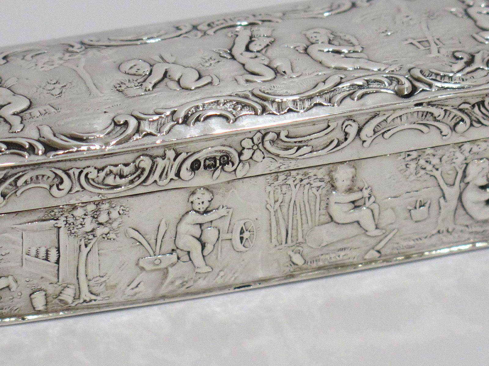 Early 20th Century Sterling Silver Antique English C. 1900 Cupid Scenes Box