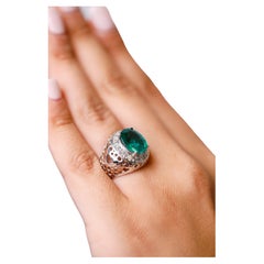 4 .3 TCW Oval Emerald Diamond Accents 14kt White Gold Cocktail Engagement Ring
