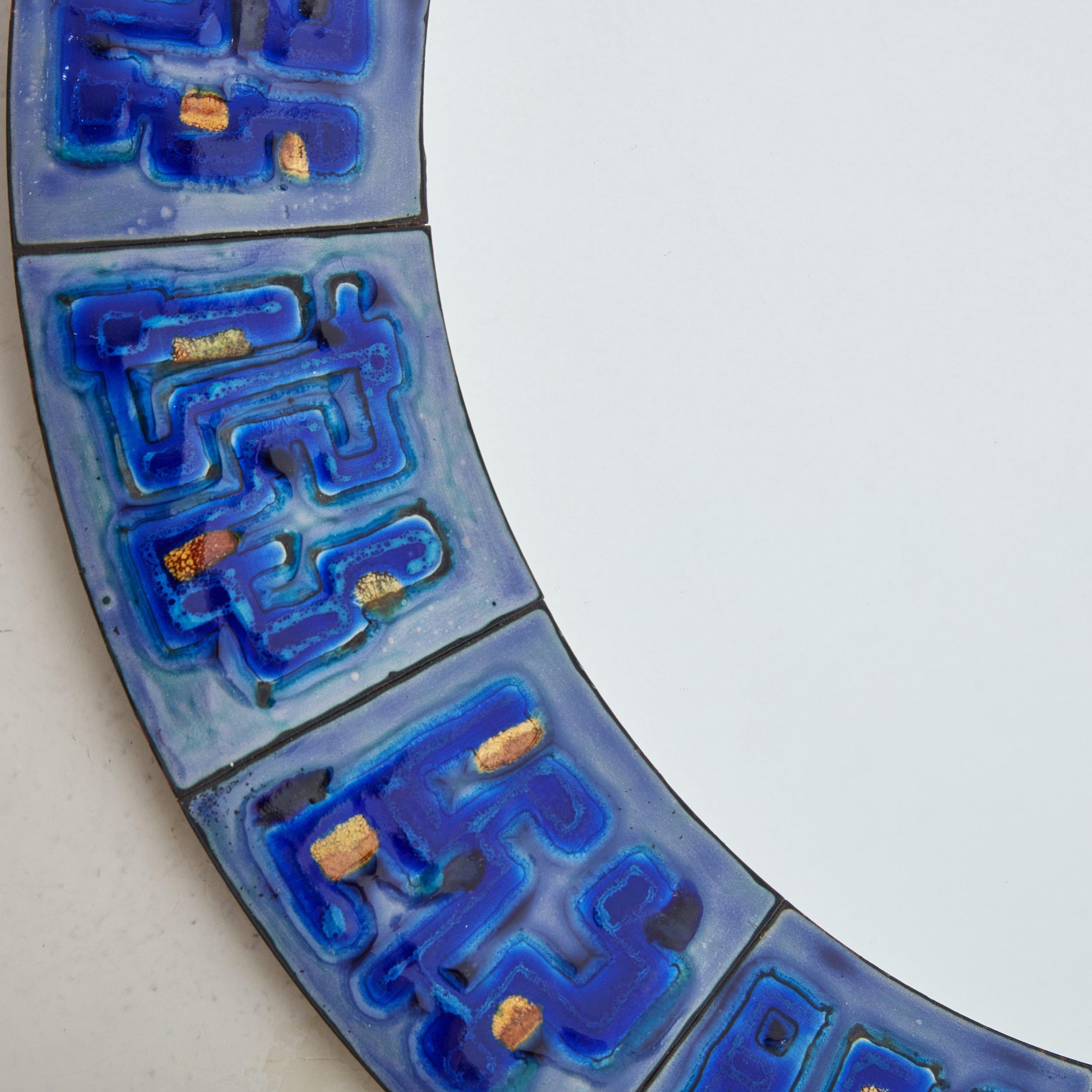 Ceramic 4/5 Blue Hand-Painted Enamel Mirror by Bodil Eje, Denmark 1960s For Sale