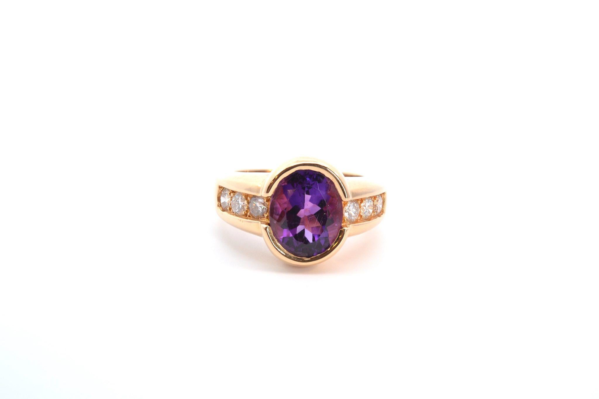 Stones: 1 amethyst of 4.80 cts, 6 diamonds, weight: 0.96ct
Material: 18k yellow gold
Dimensions: 1.4cm x 1cm
Weight: 12g
Period: Recent
Size: 52 (free sizing)
Certificate
Ref. : 25061