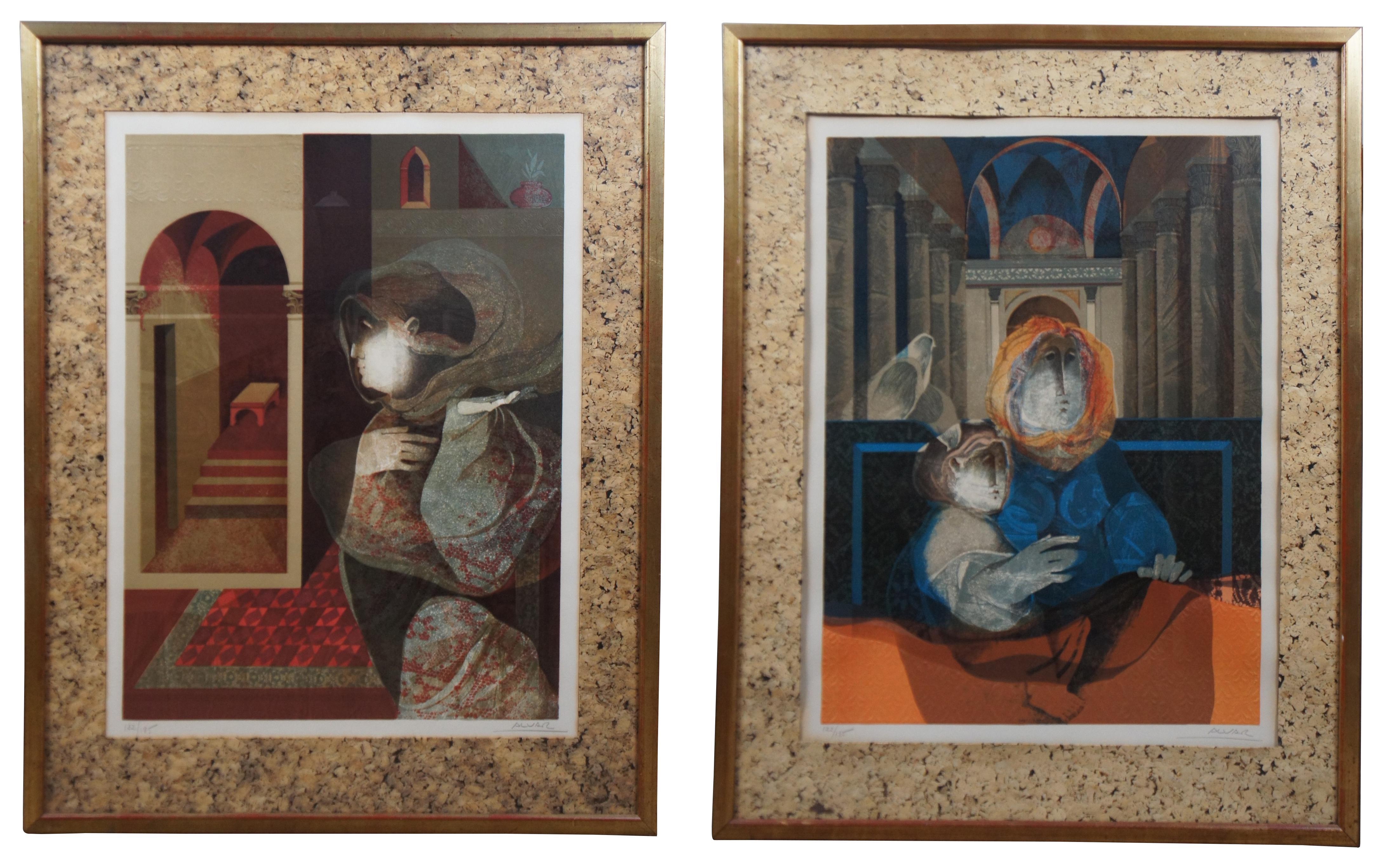 Suite titled “Renaixant” (Renaissance) of four framed, original and embossed lithograph prints on Arches by Alvar Sunol Munoz-Ramos, pencil signed and numbered 122/185. circa 1977. Featuring surrealist scenes with gothic architecture and ghosts /