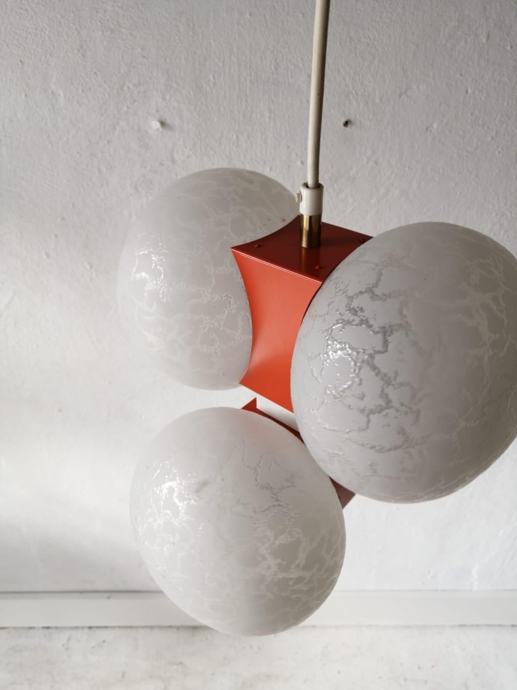 Late 20th Century 4 Amorphous Glass & Orange Metal Chandelier by Moderne Leuchten, 1970s Germany For Sale