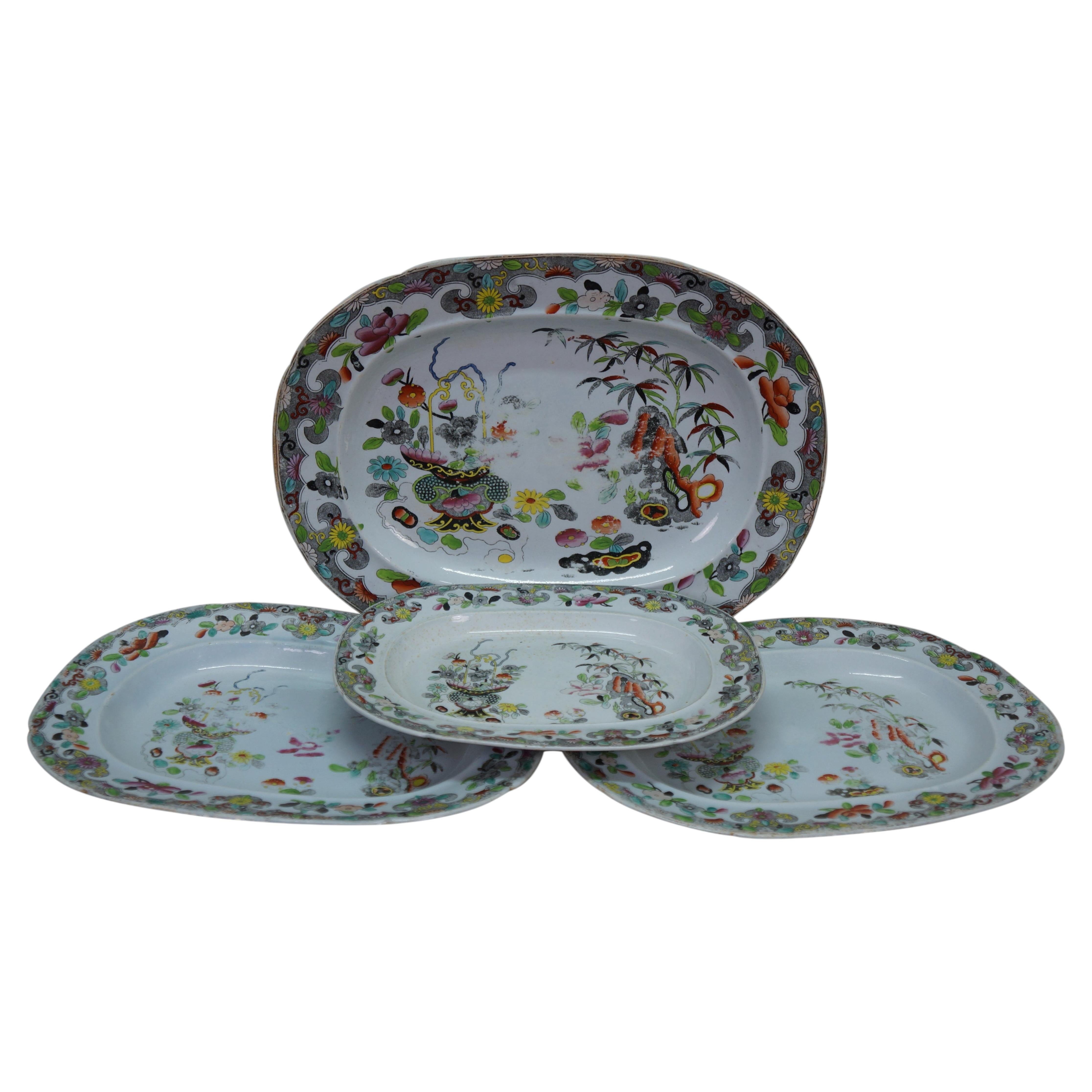 4 Antique 1825 Stephan Folch Bamboo & Basket Ironstone China Platters For Sale