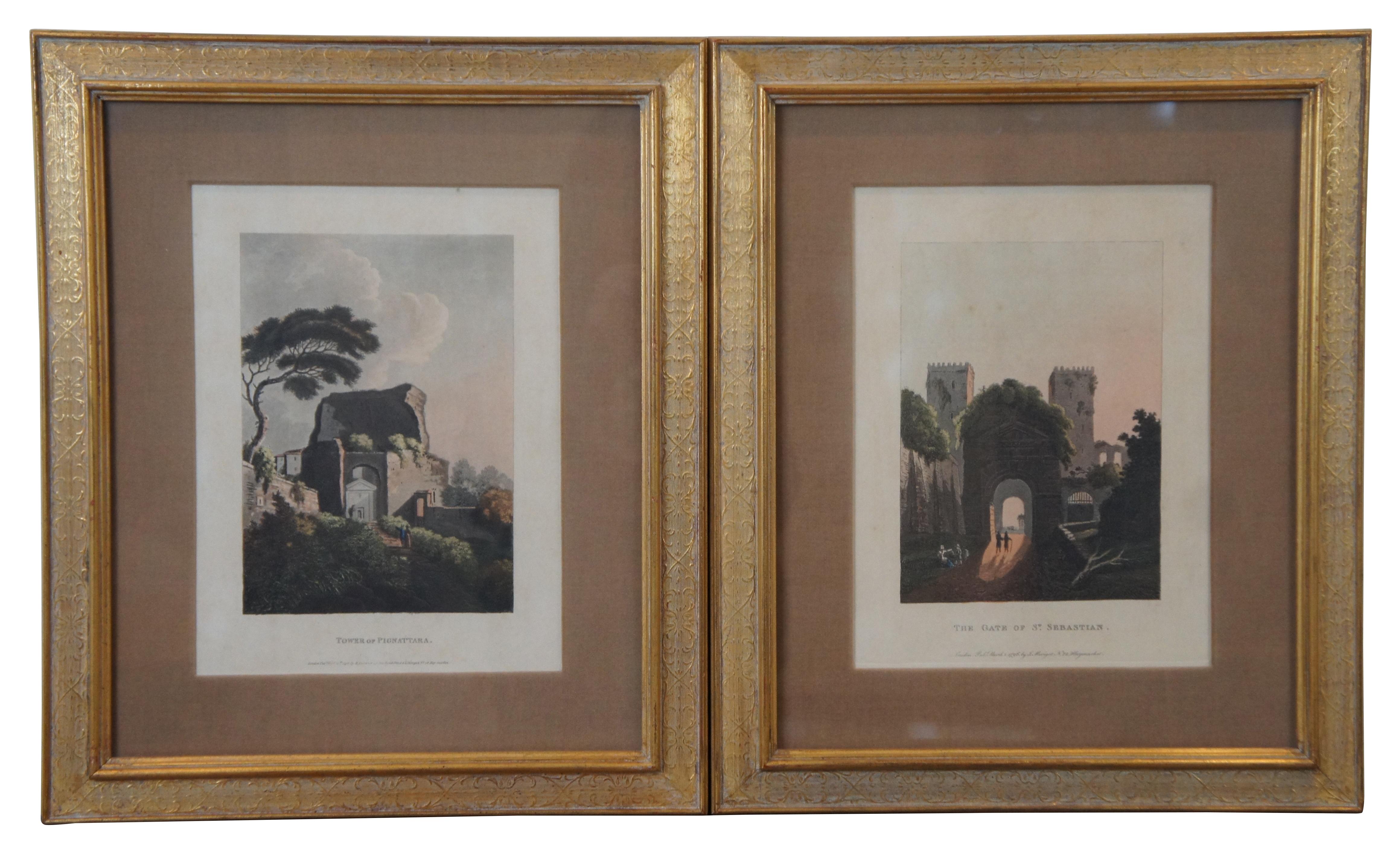 Set of four late 18th century hand colored engraving - “The Gate of St. Sebastian” published 1796 by James Merigot, “Tower of Pignattara” published 1798 by R. E(illegible), “Temple of Minerva Medica” publisher information faded away, and “The Arch