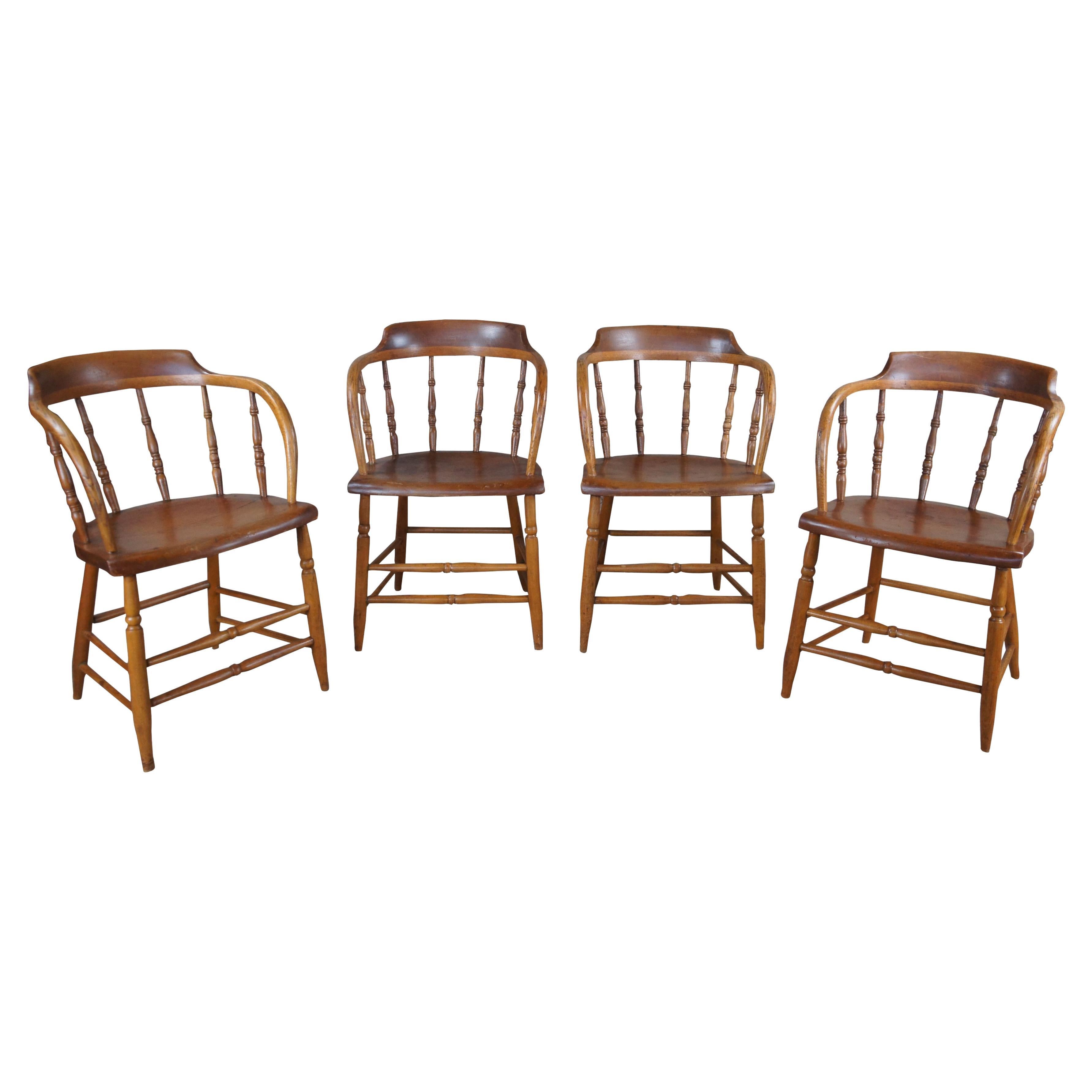 4 Antique American Oak Barrel Back Saloon Pub Tavern Caboose Captains Chairs Set