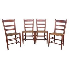 4 antike Amish Shaker-Esszimmerstühle aus massivem Ahornholz mit Leiterlehne und geflochtenen Sitzen aus Schilf