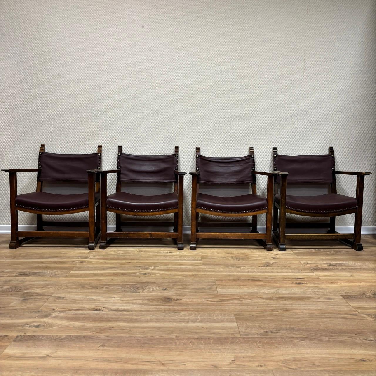 Austrian 4 antique armchairs by Alfred Loos  Vienna 1930  walnut & leather For Sale
