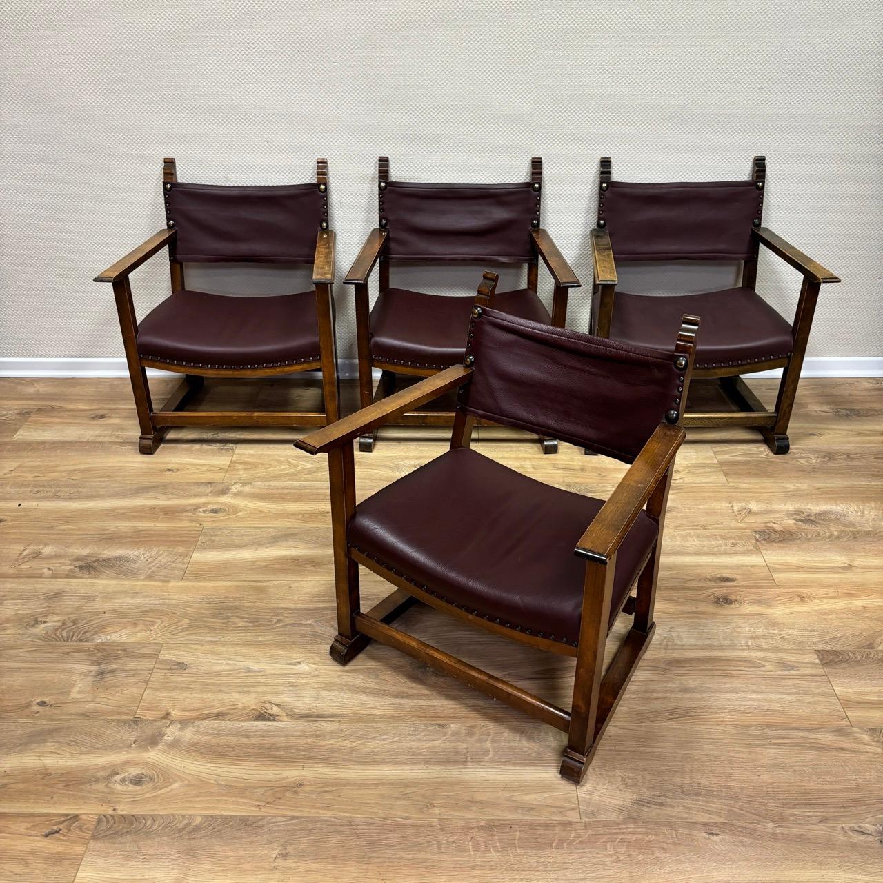Leather 4 antique armchairs by Alfred Loos  Vienna 1930  walnut & leather For Sale