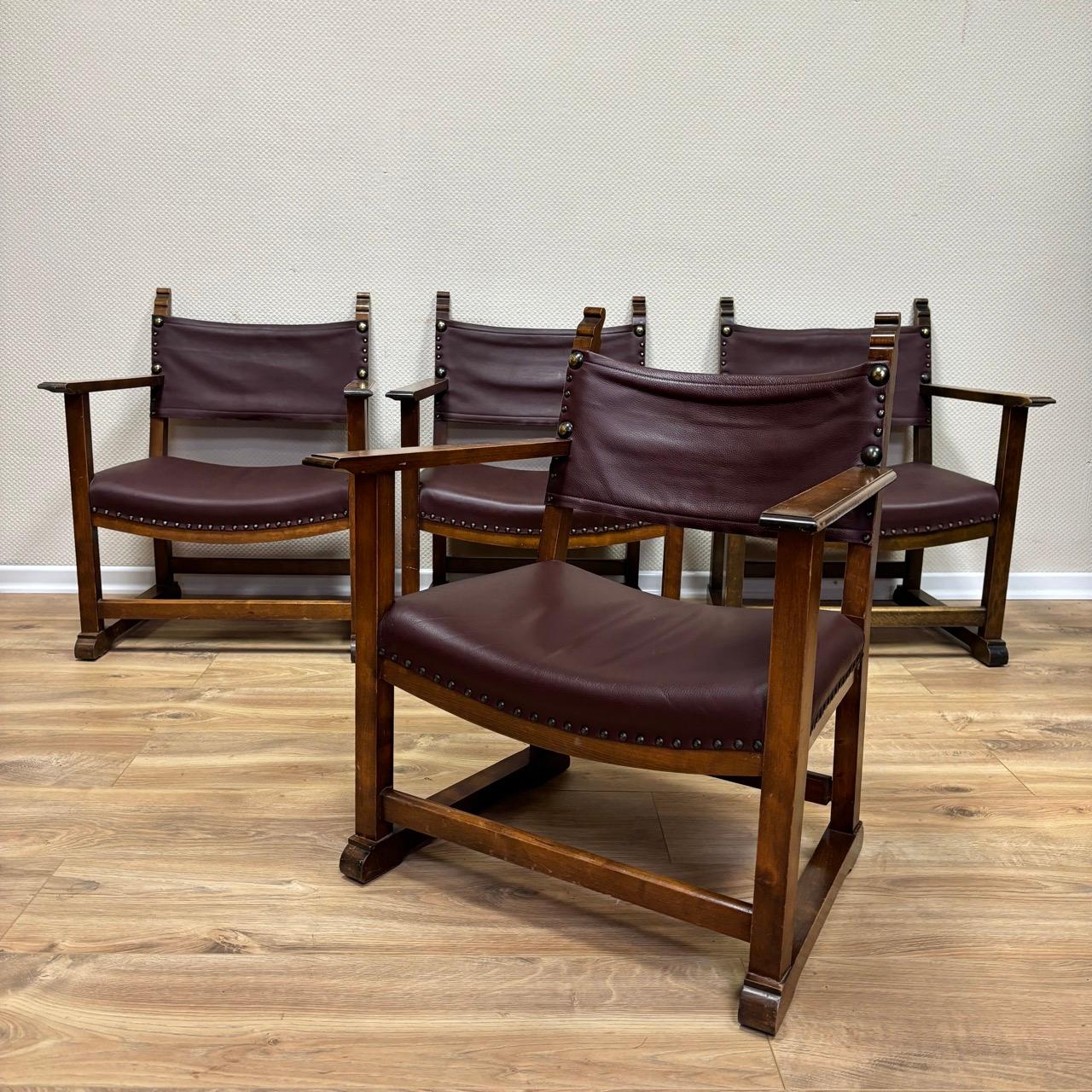 4 antique armchairs by Alfred Loos  Vienna 1930  walnut & leather For Sale 1
