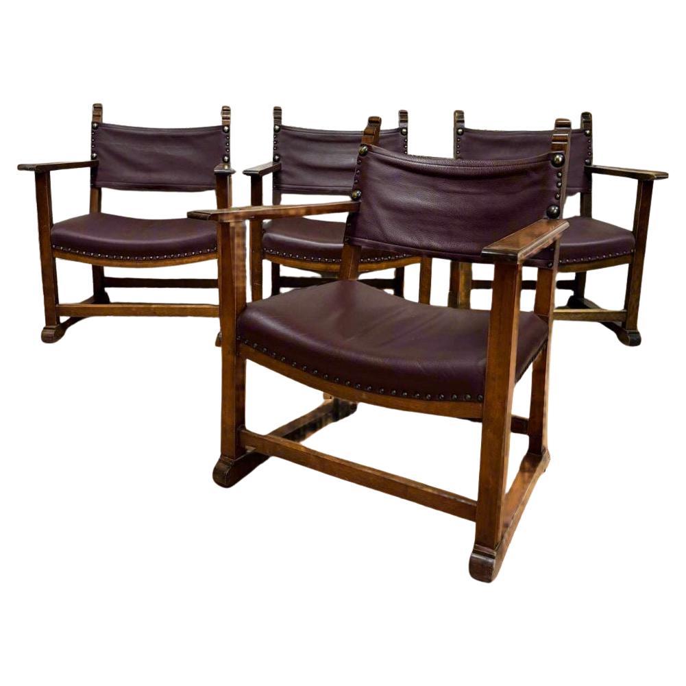 4 antique armchairs by Alfred Loos  Vienna 1930  walnut & leather For Sale
