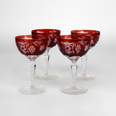 4 Antique Bohemian Cranberry Floral & Grape Cut To Clear Crystal Stemmed Goblets