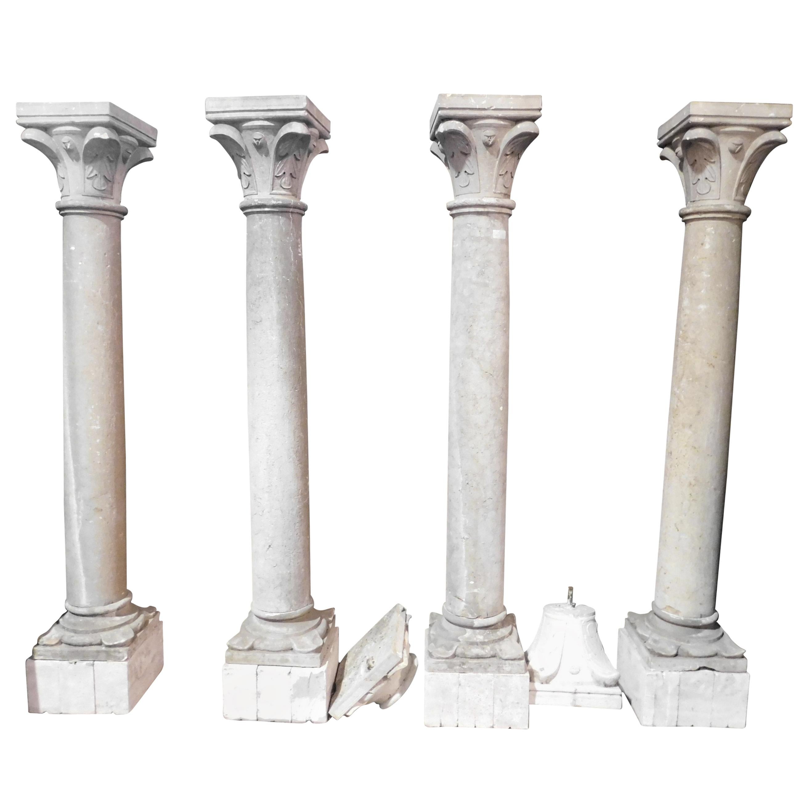 4 Antique Botticino Stone Columns, Bases and Sculpted Capitals, 1700, Italy