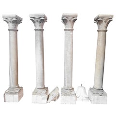 4 Antique Botticino Stone Columns, Bases and Sculpted Capitals, 1700, Italy