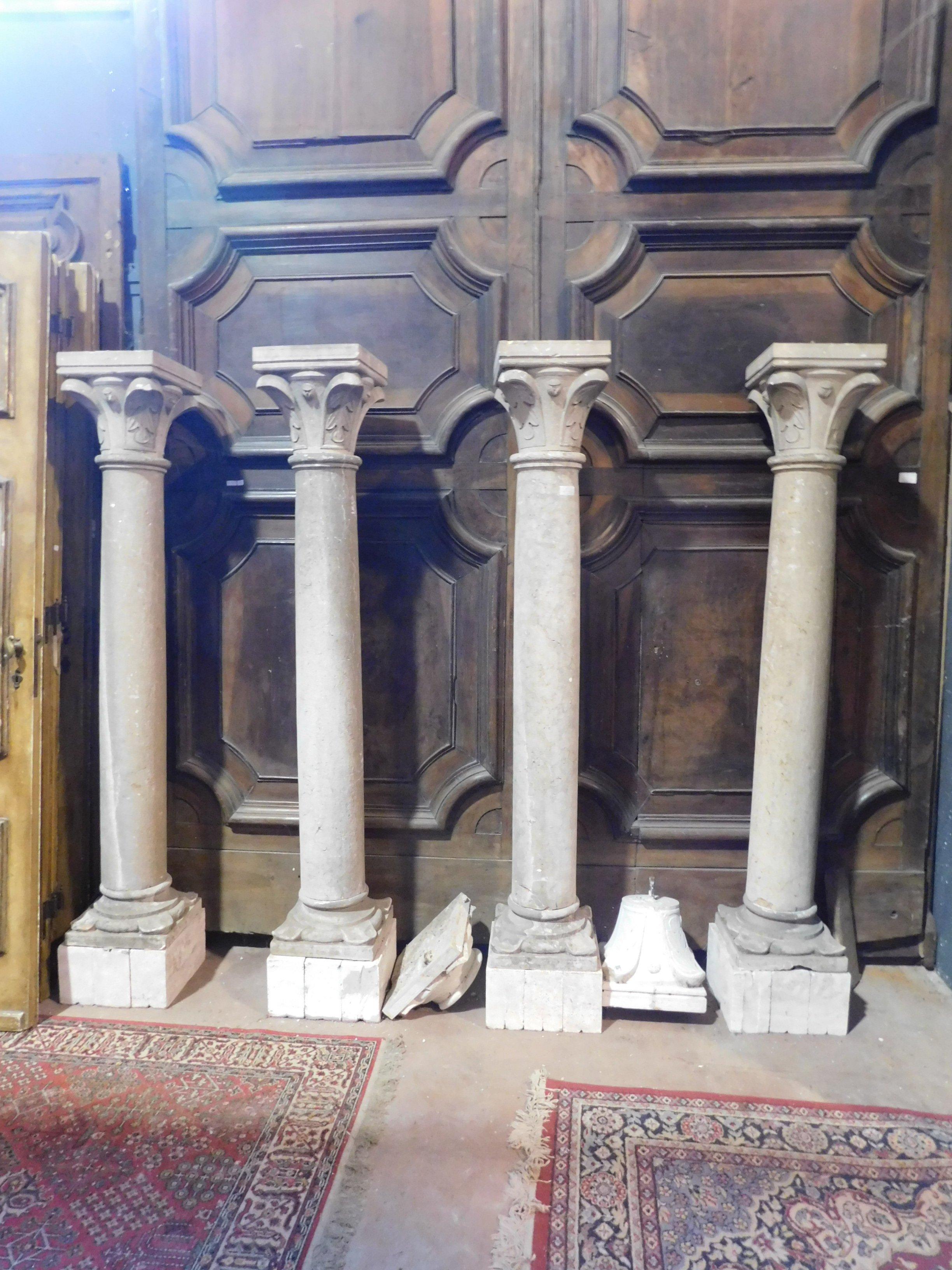N. 4 Ancient columns in Botticino stone (typical Italian precious stone), with sculpted bases and capitals, white part not included, only for display, entirely hand-built in the second half of the 18th century, measuring 183 cm total height,
base