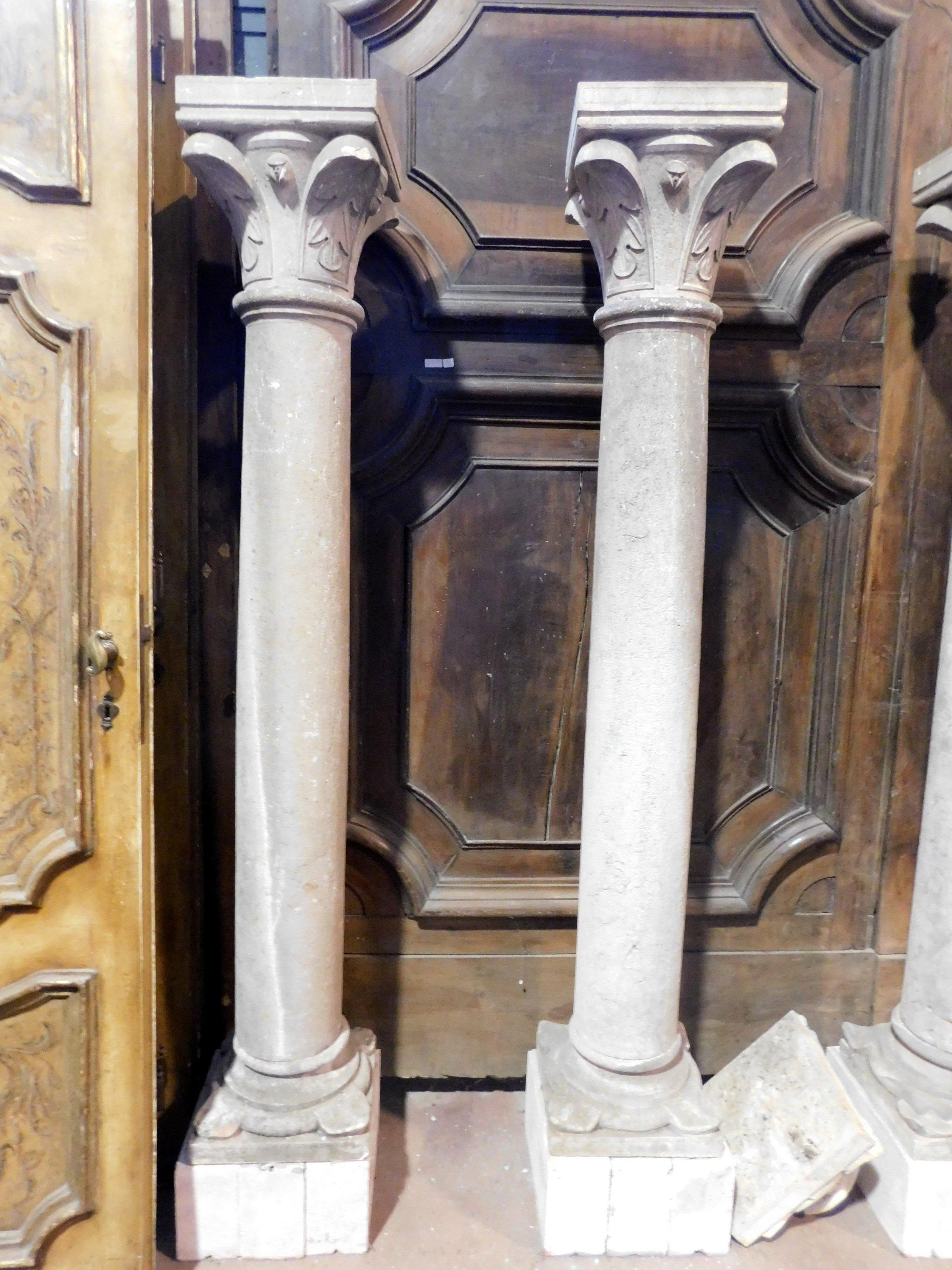 Italian 4 Antique Botticino Stone Columns, Bases and Sculpted Capitals, 1700, Italy