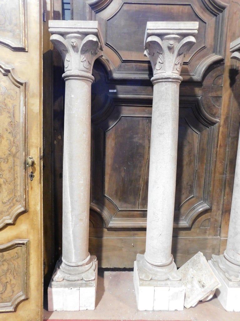 4 Antique Botticino Stone Columns, Bases and Sculpted Capitals, 1700 ...