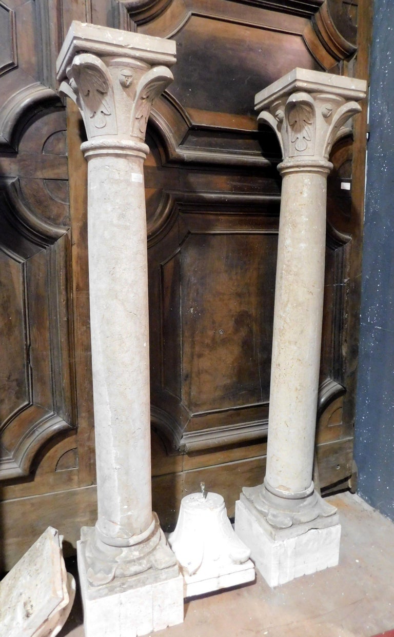 4 Antique Botticino Stone Columns, Bases and Sculpted Capitals, 1700 ...
