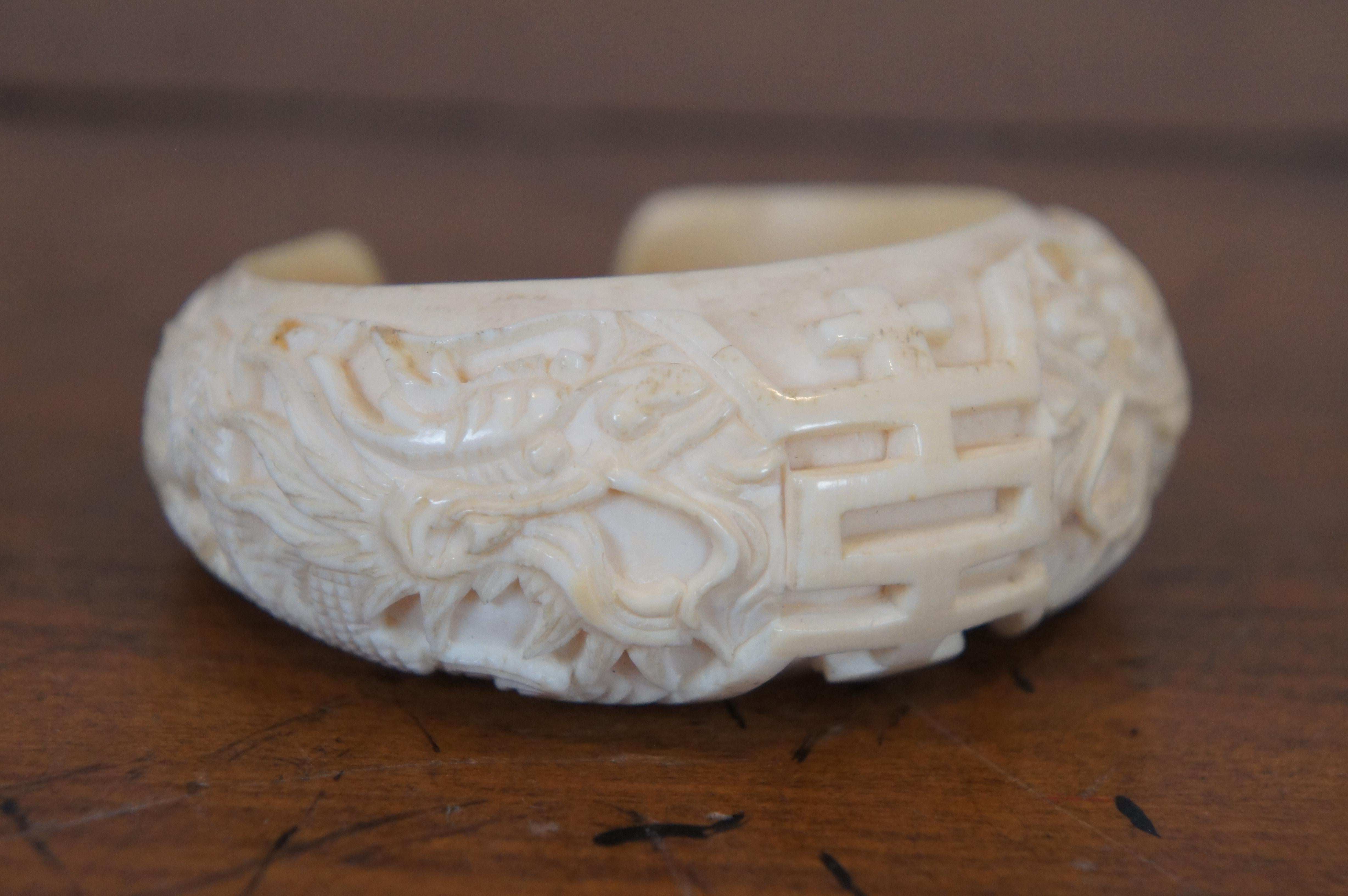 4 Antique Carved Bone Beaded Tile Cuff Bangle Floral Dragon Bracelets 7