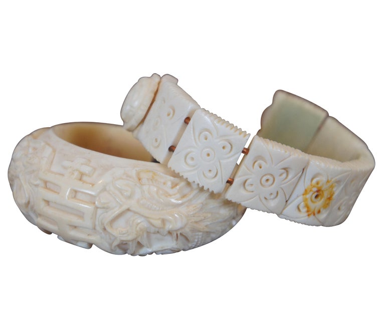 4 Antique Carved Bone Beaded Tile Cuff Bangle Floral Dragon Bracelets ...