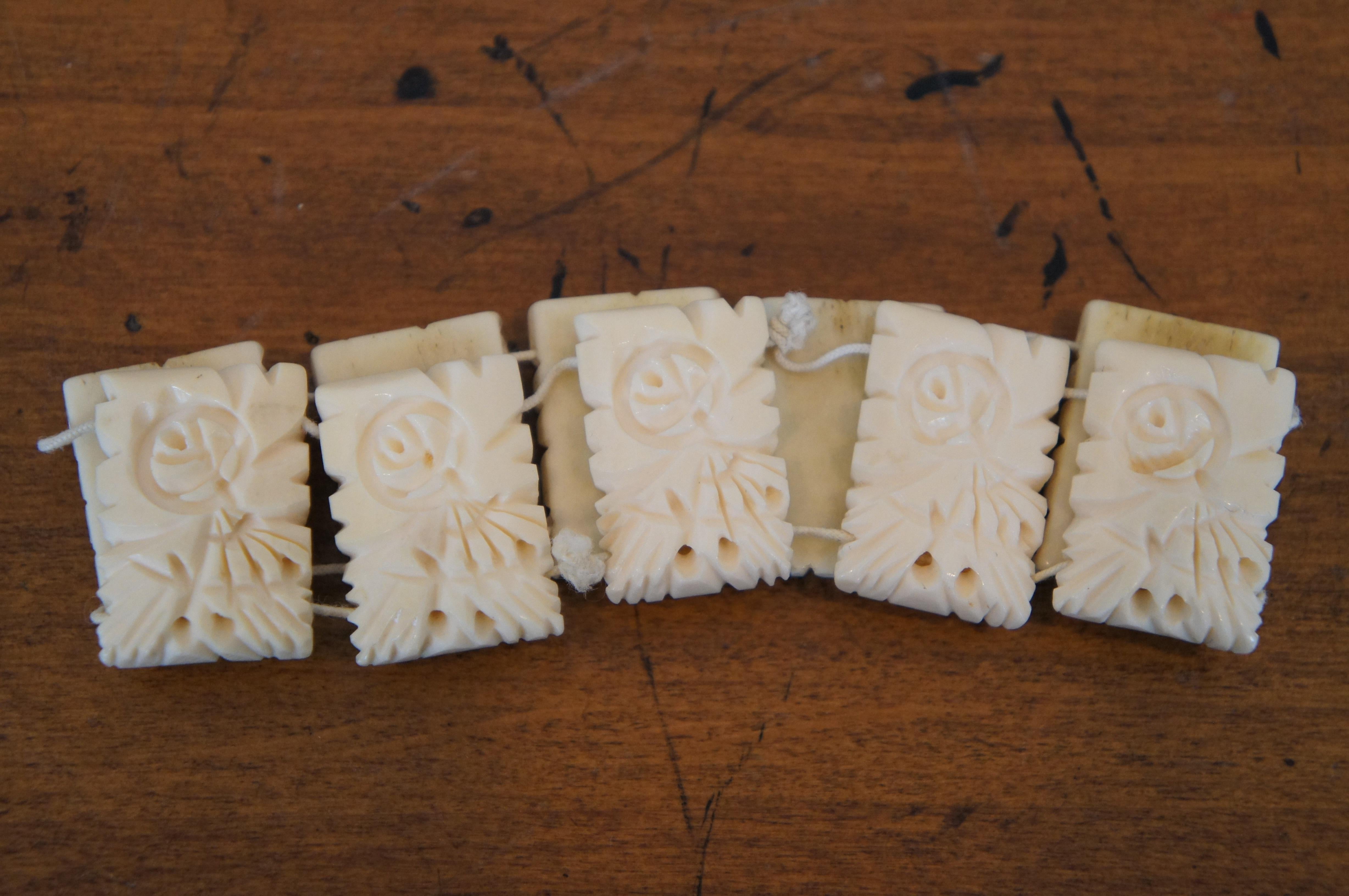 4 Antique Carved Bone Beaded Tile Cuff Bangle Floral Dragon Bracelets In Good Condition In Dayton, OH