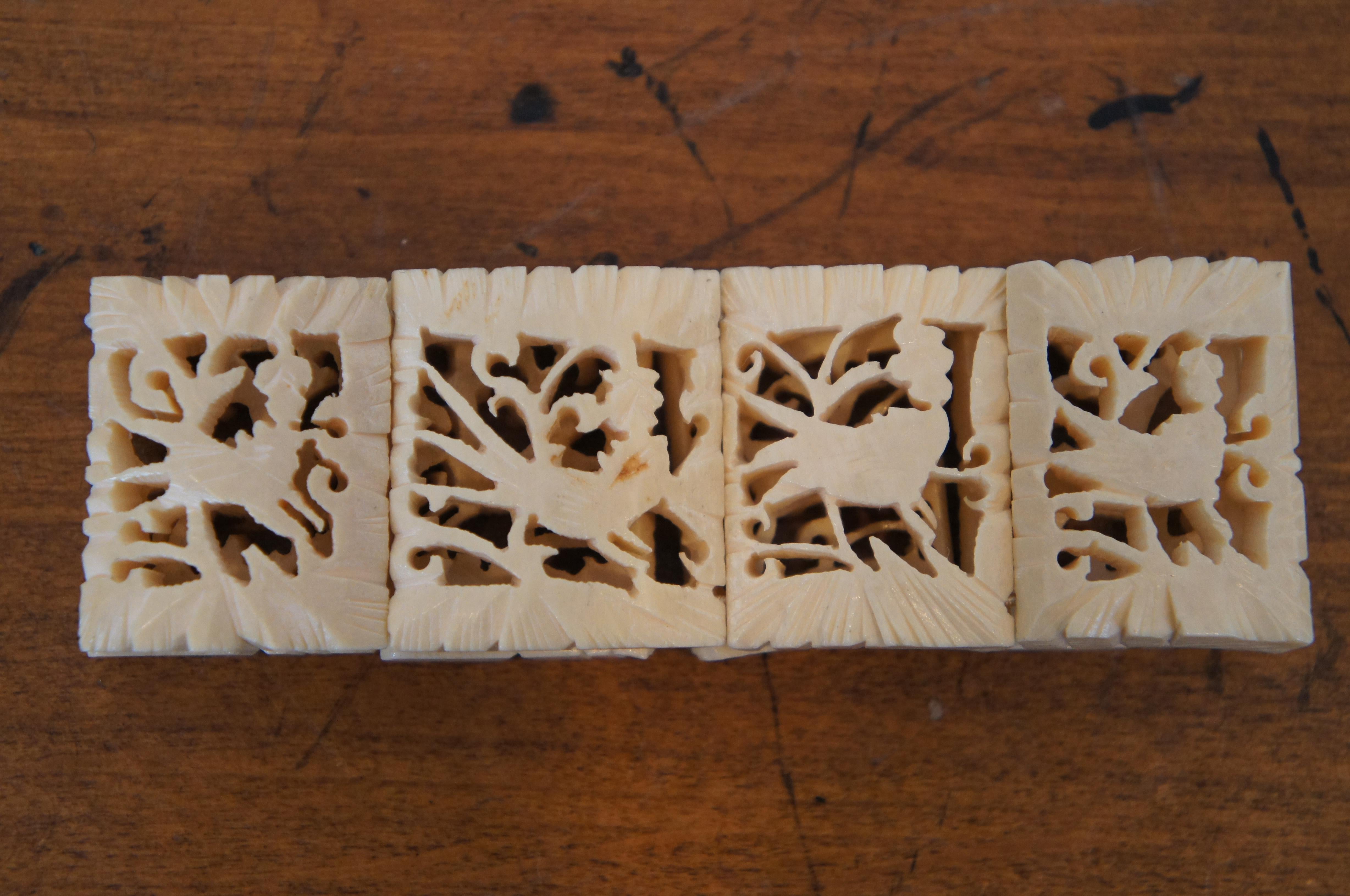 4 Antique Carved Bone Beaded Tile Cuff Bangle Floral Dragon Bracelets 1