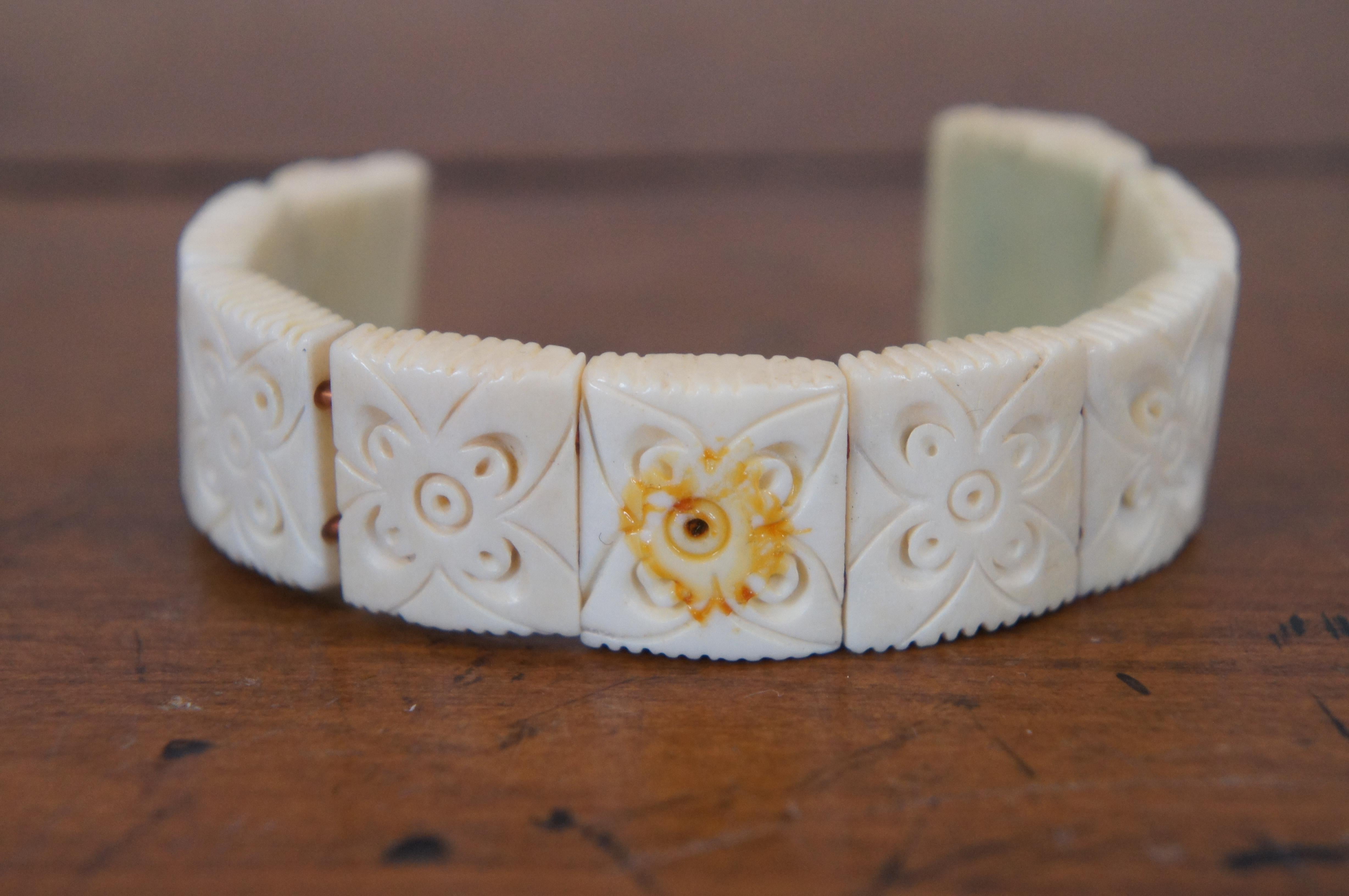 4 Antique Carved Bone Beaded Tile Cuff Bangle Floral Dragon Bracelets 3