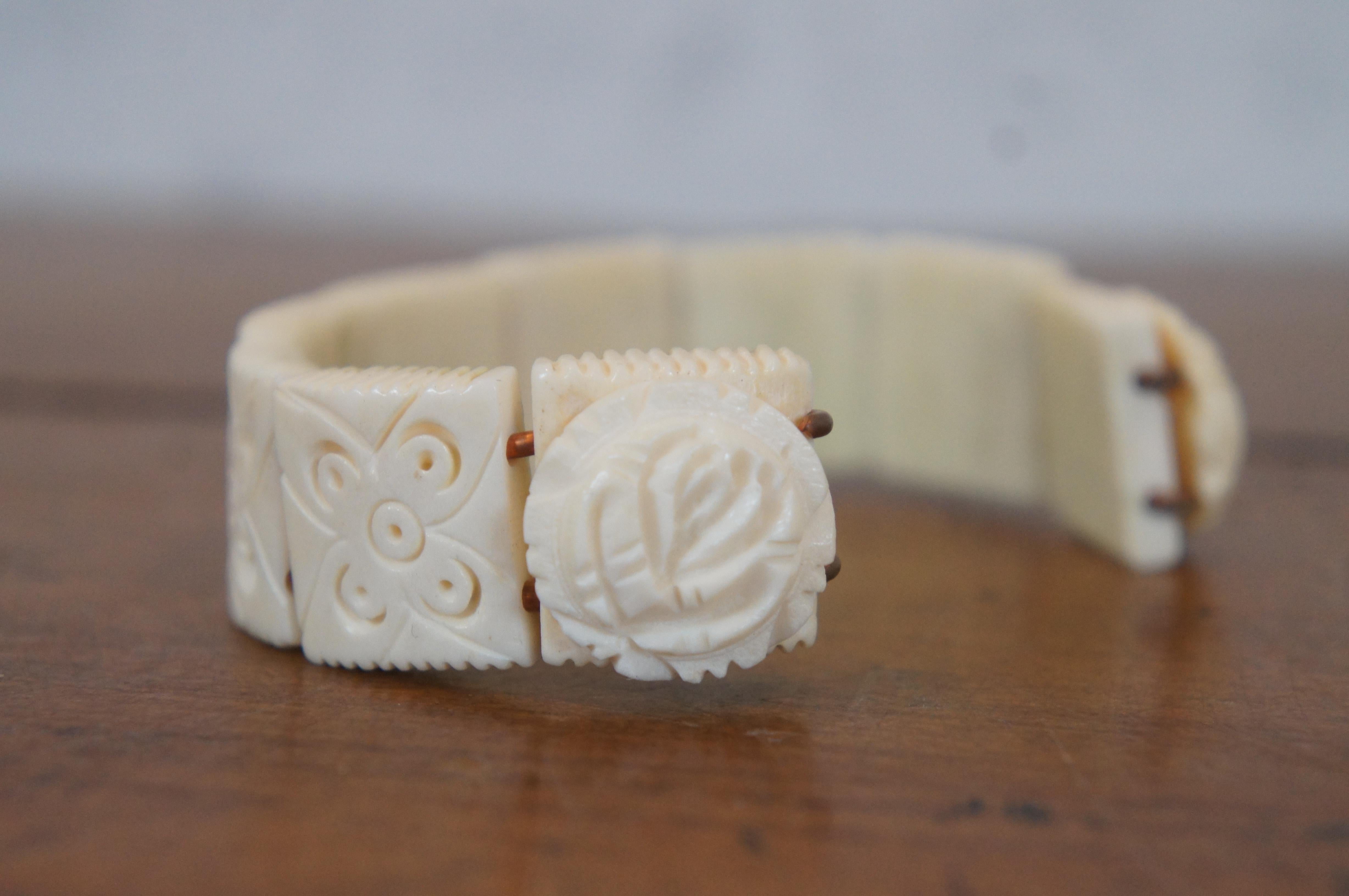 4 Antique Carved Bone Beaded Tile Cuff Bangle Floral Dragon Bracelets 4