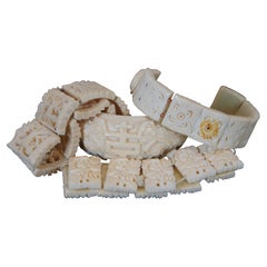 4 Antique Carved Bone Beaded Tile Cuff Bangle Floral Dragon Bracelets