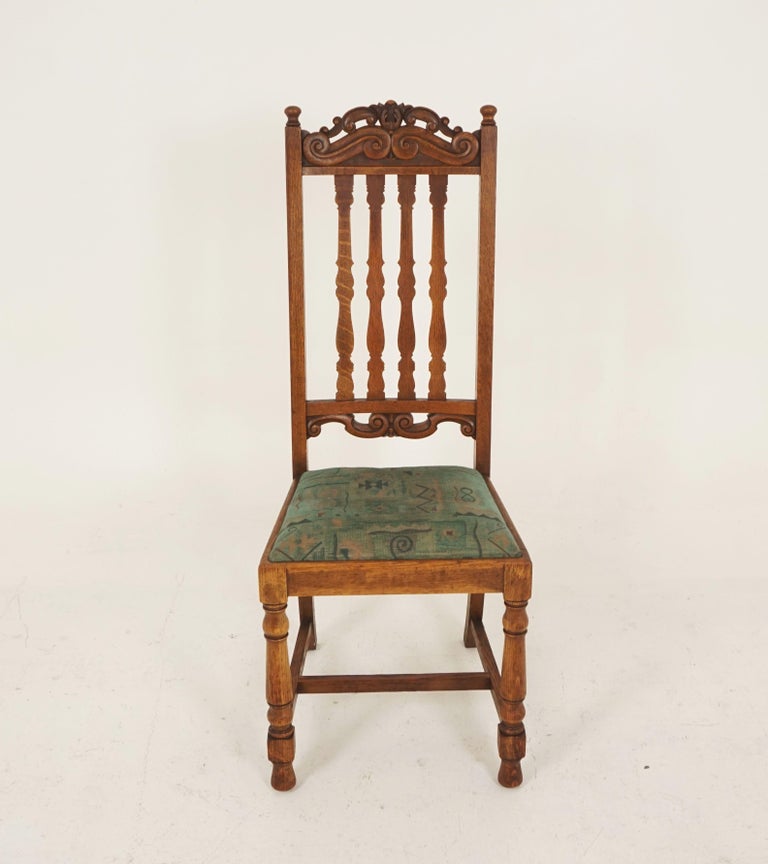 4 Antique Carved Oak Dining Chairs, High Back Kitchen Chair, Scotland