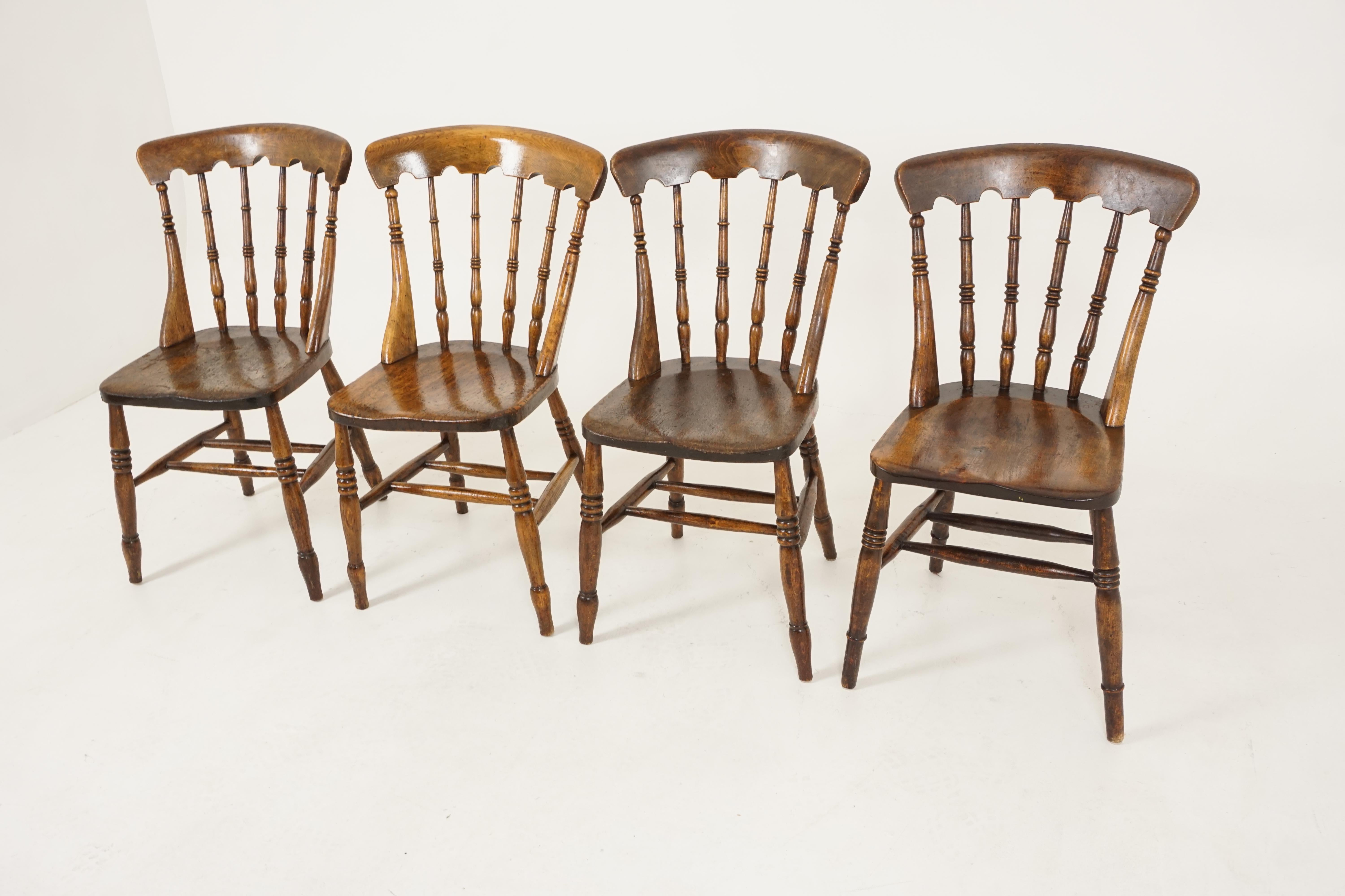 4 antique dining chairs, beechwood, spindle bar back, Farmhouse Kitchen Chairs, Scotland 1880, B2524

Scotland 1880
Solid beechwood
Original finish
Shaped top rail
Four turned spindles
Pair of turned supports on the end
Solid wooden