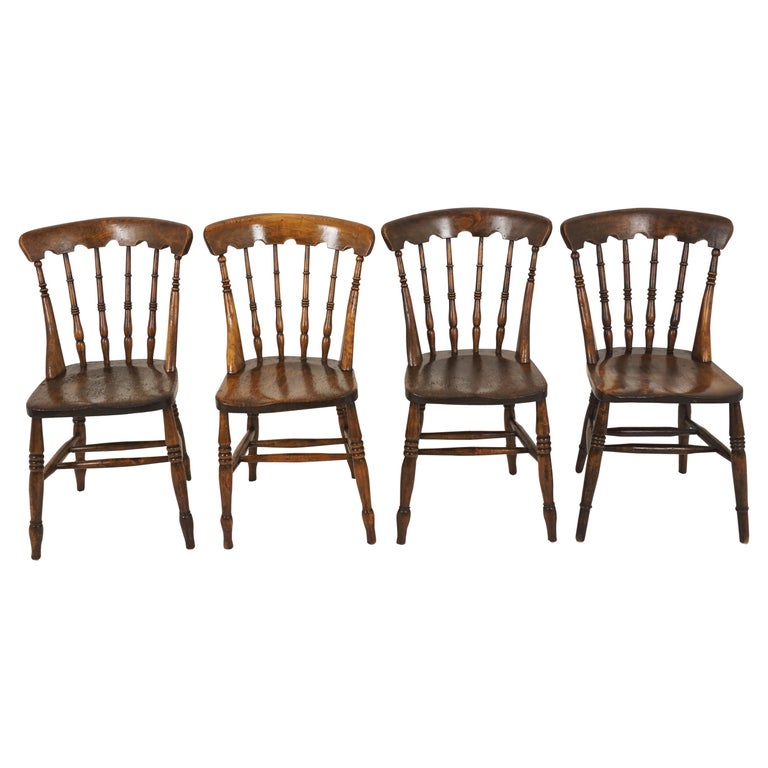 4 Antique Chairs, Beechwood, Spindle Bar Back, Farmhouse Kitchen Chairs