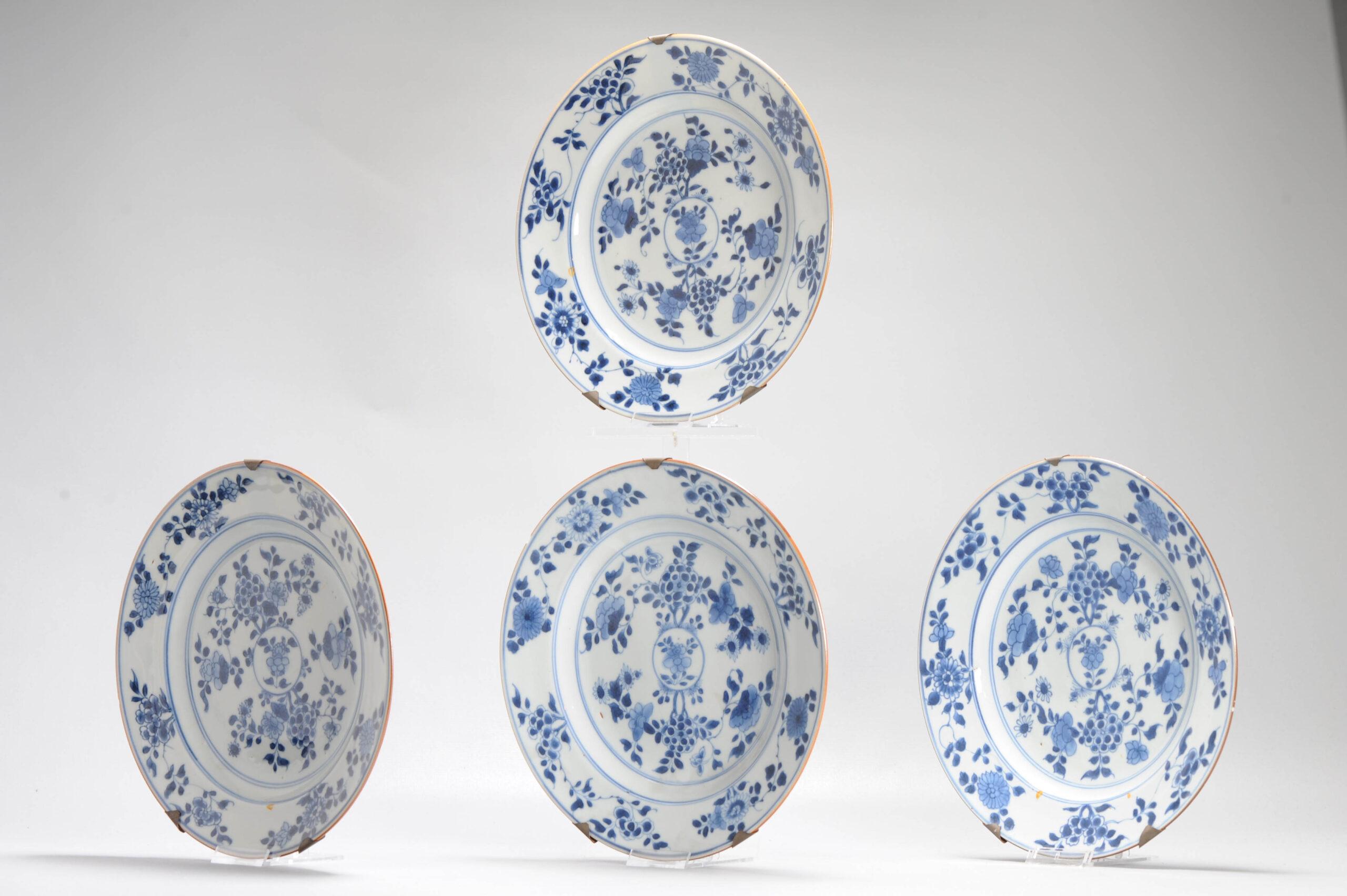 Qing #4 Antique Chinese Porcelain Kangxi Period Blue and White Set Dinner Plates For Sale