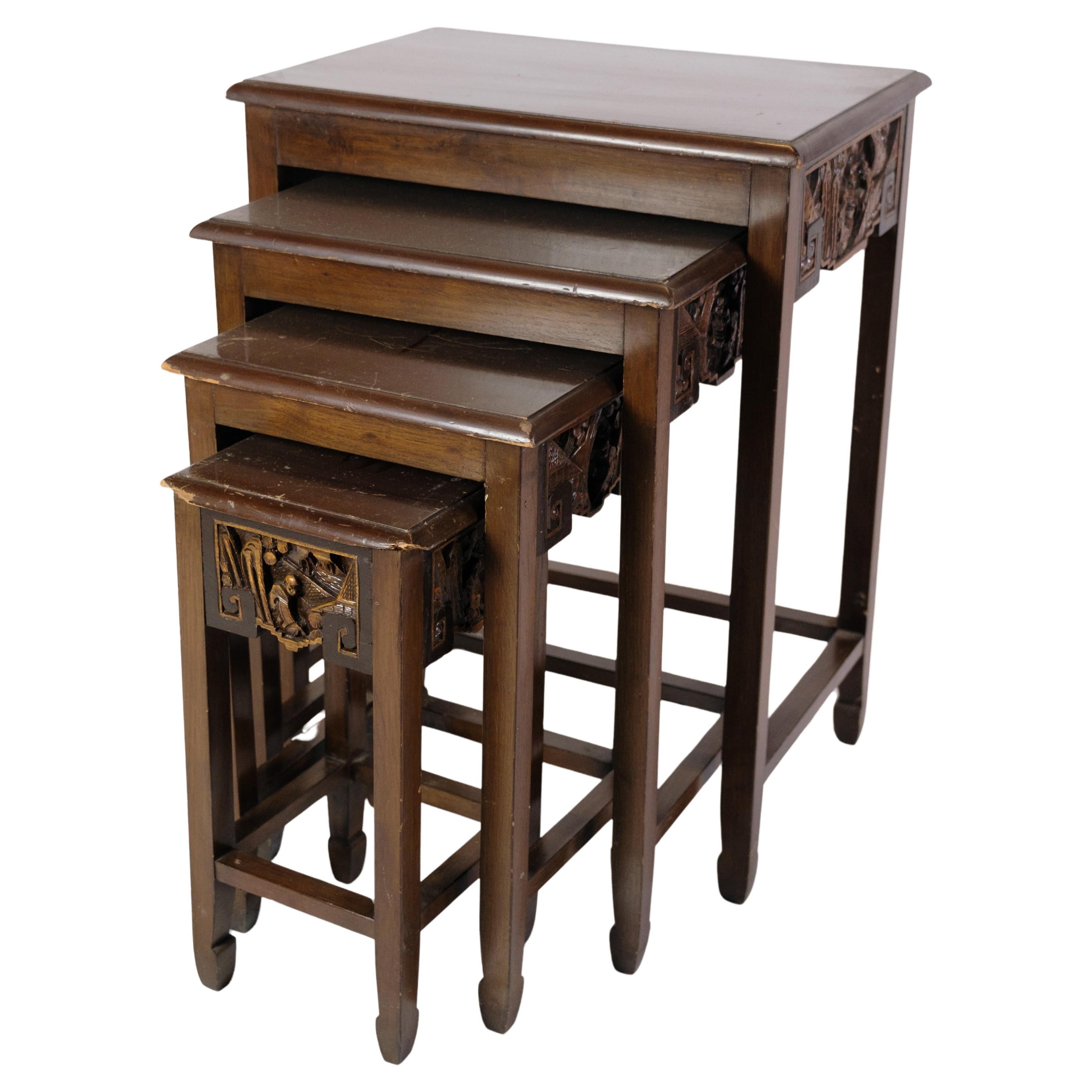 4 tables d'appoint anciennes de style chinois en acajou des années 1930  en vente