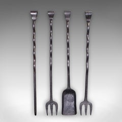 4 Antique Country House Inglenook Fire Tools, English, Companion Set, Victorian