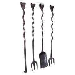 4 Antique Country House Inglenook Fire Tools, English, Companion Set, Victorian