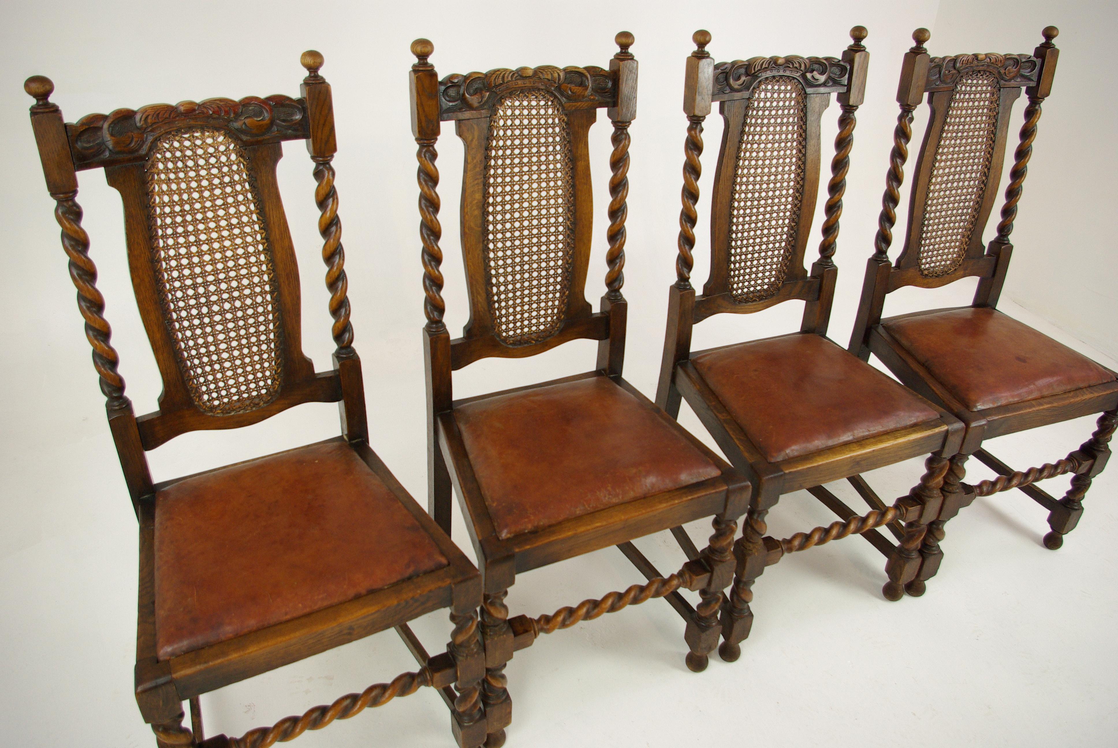 4 Antique dining chairs, barley twist chairs, oak dining chairs, Scotland 1920, B1438

Scotland 1920
Solid oak construction
Original finish
Carve and shaped back rail
Original oval bergere can panels in excellent condition
Barley twist